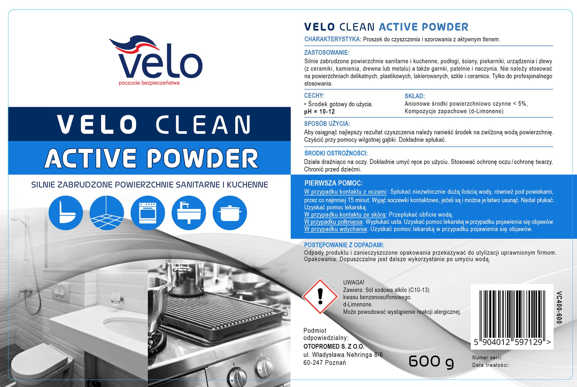 

VELO CLEAN ACTIVE POWDER 600g Gotowy do użycia proszek do czyszczenia i szorowania z aktywnym tlenem