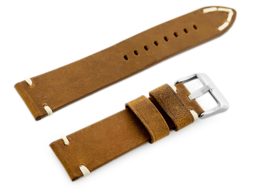 

Pasek skórzany do zegarka W93 - brąz/biała - 22mm