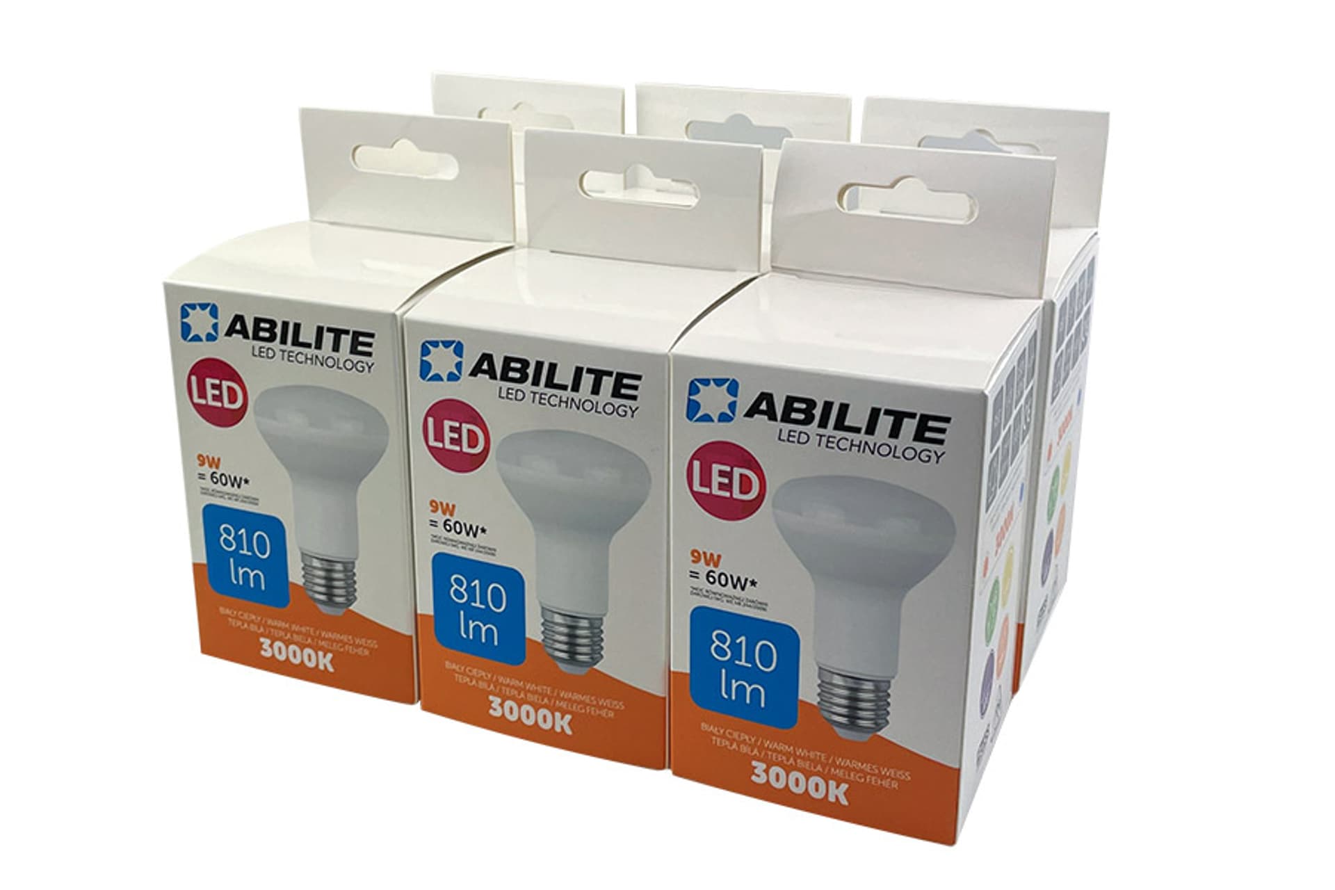 

ŻARÓWKA LED ABILITE REFLEKTOROWA B.CIEPŁA E27 9W/230V 810LM 120° R63 /6-pack