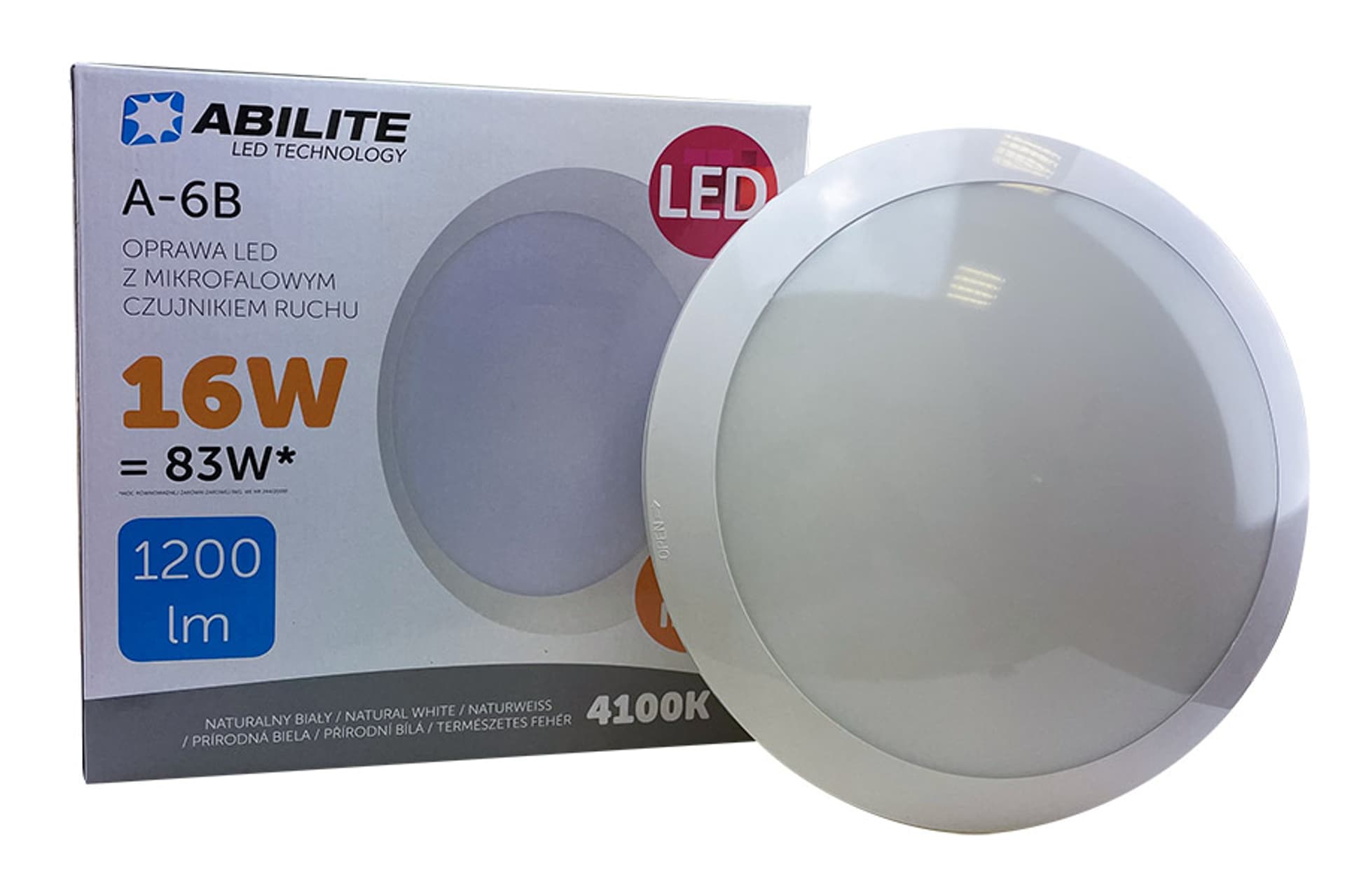 

PLAFON LED ABILITE A06B Z CZUJNIKIEM RUCHU MIKROFALOWYM B.NATURALNA 16W/230V 1200LM Z FUNKCJĄ PÓŁCIENIA 20% MOCY IP66 IK10 BIAŁY