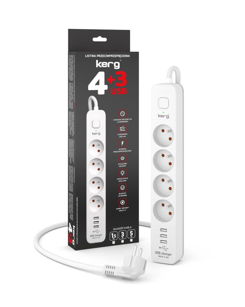 

Urządz. zas.-zabezpiecz. KERG z wyłącznikiem-4 gniazda-3USB-biało-szary-3m-16A-H05VV-F-3x1,5mm2