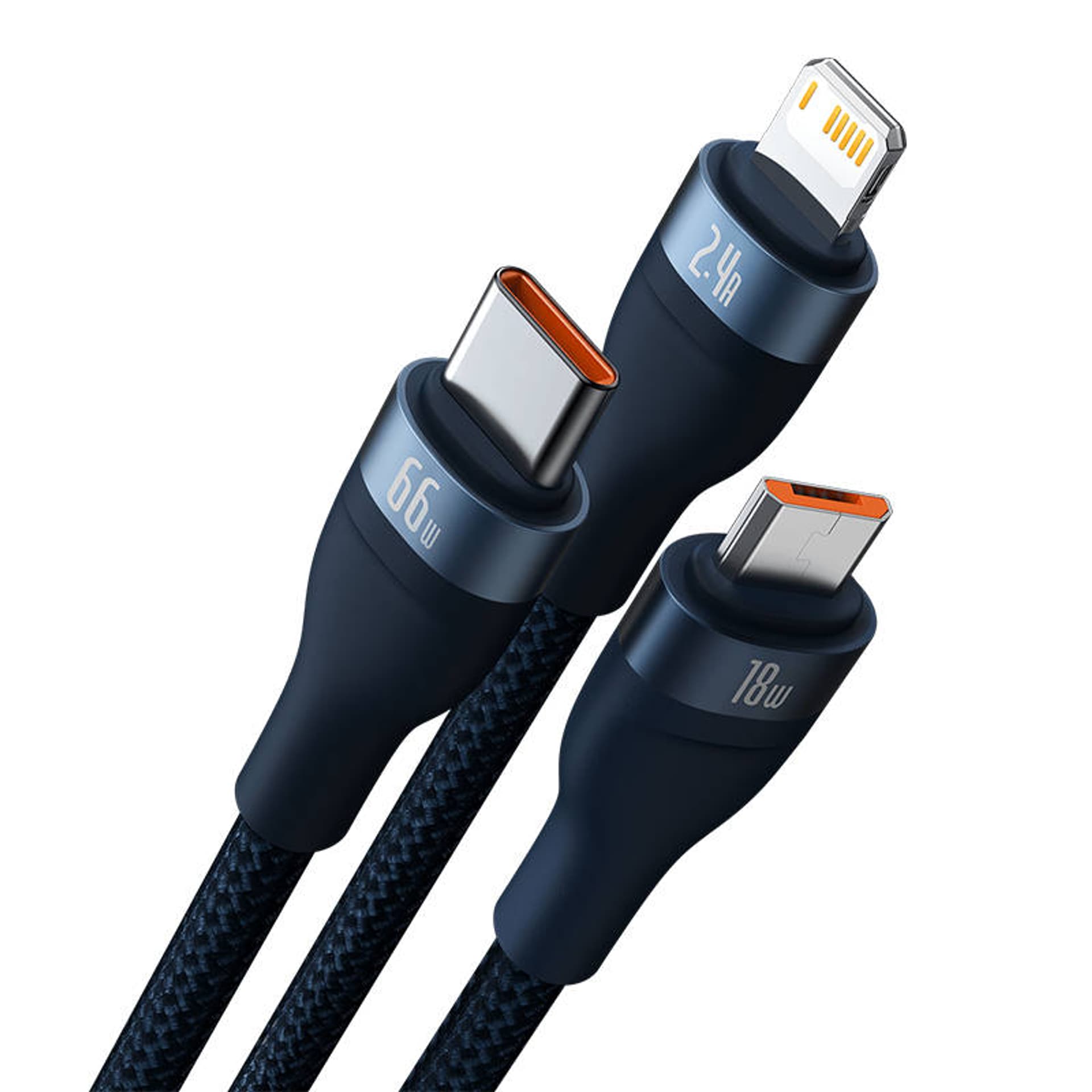 

Kabel USB 3w1 Baseus Flash Series, USB-C + micro USB + Lightning, 66W, 1.2m (niebieski)