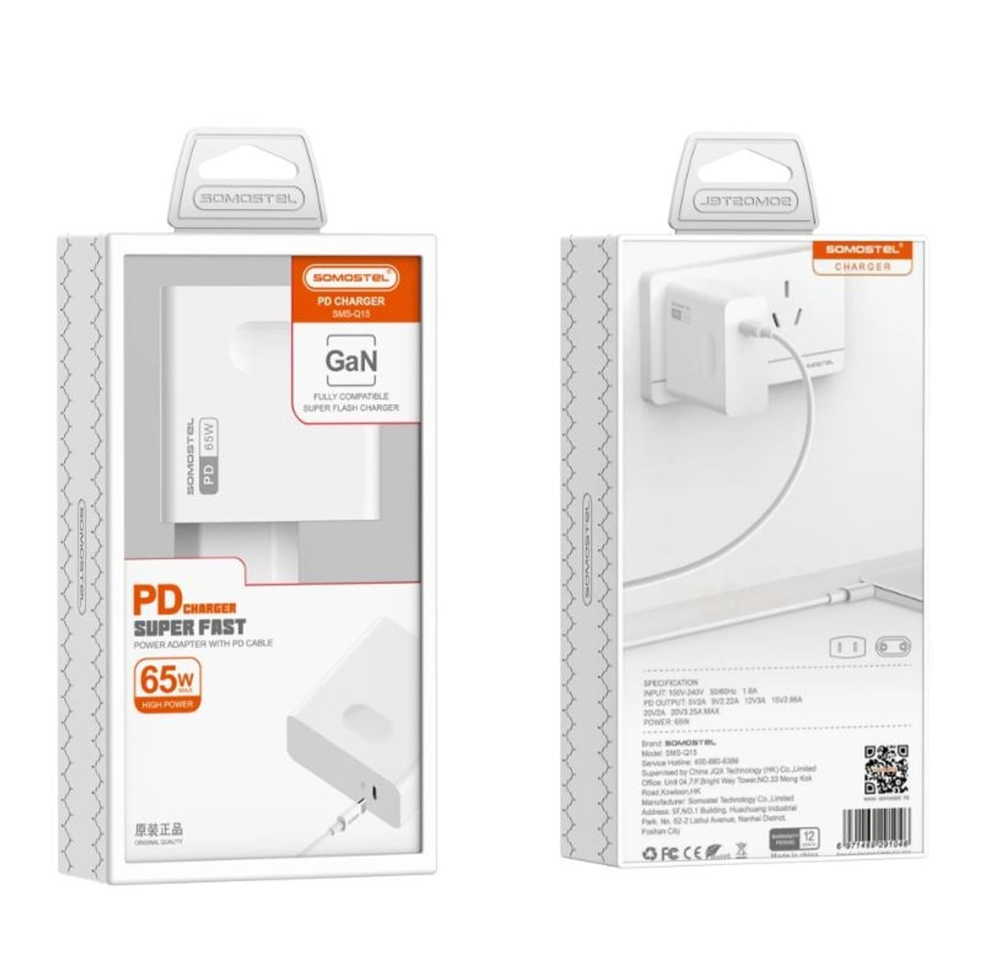 

SOMOSTEL ŁADOWARKA SIECIOWA 65W GAN KABEL IPHONE Q15 POWER DELIVERY WHITE