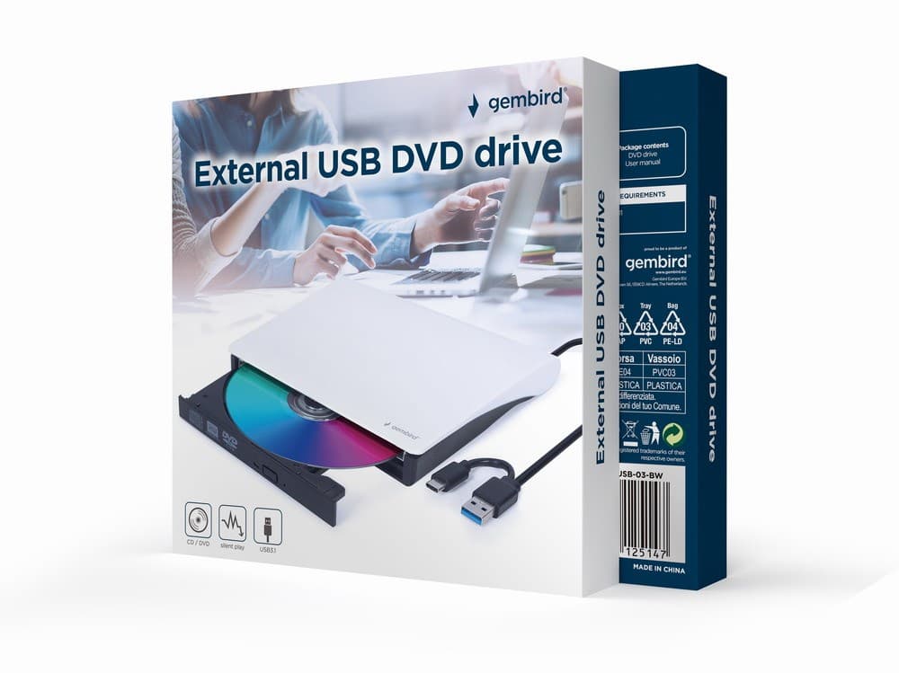 

GEMBIRD ZEWNĘTRZNA NAGRYWARKA DVD 8X, CD 24X USB 3.1 SLIM CZARNO-BIAŁA