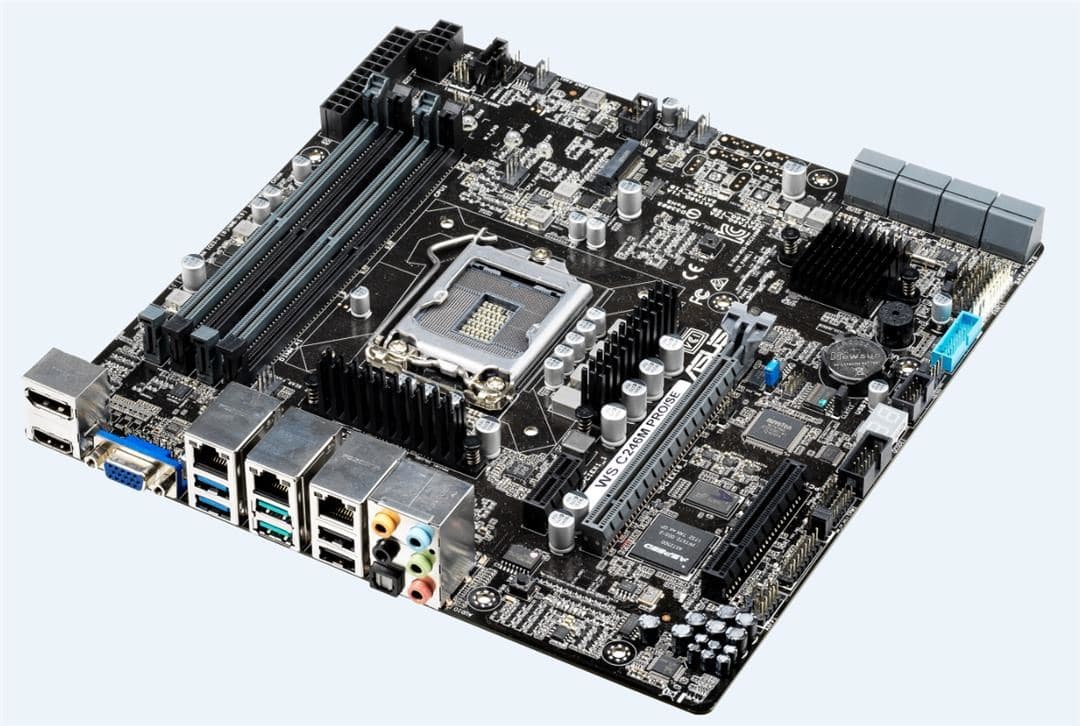 

ASUS WS C246M PRO/SE, 1 x Socket LGA1151, Intel C246 Chipset,4x DDR4 2666 UDIMM non-ECC/ECC, 3x PCIe 3.0, 8x SATA, Intel Rapid Storage Technology, 1x Intel® I210AT + 1 xMgmt LAN, 1x i219-LM, 2x USB 2.0, 1x USB 3.0, 1x M.2, 1x VGA Header, micro-ATX