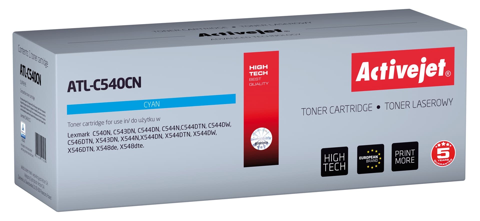 

Toner Activejet ATL-C540CN (zamiennik Lexmark C540H1CG; Supreme; 2000 stron; błękitny)