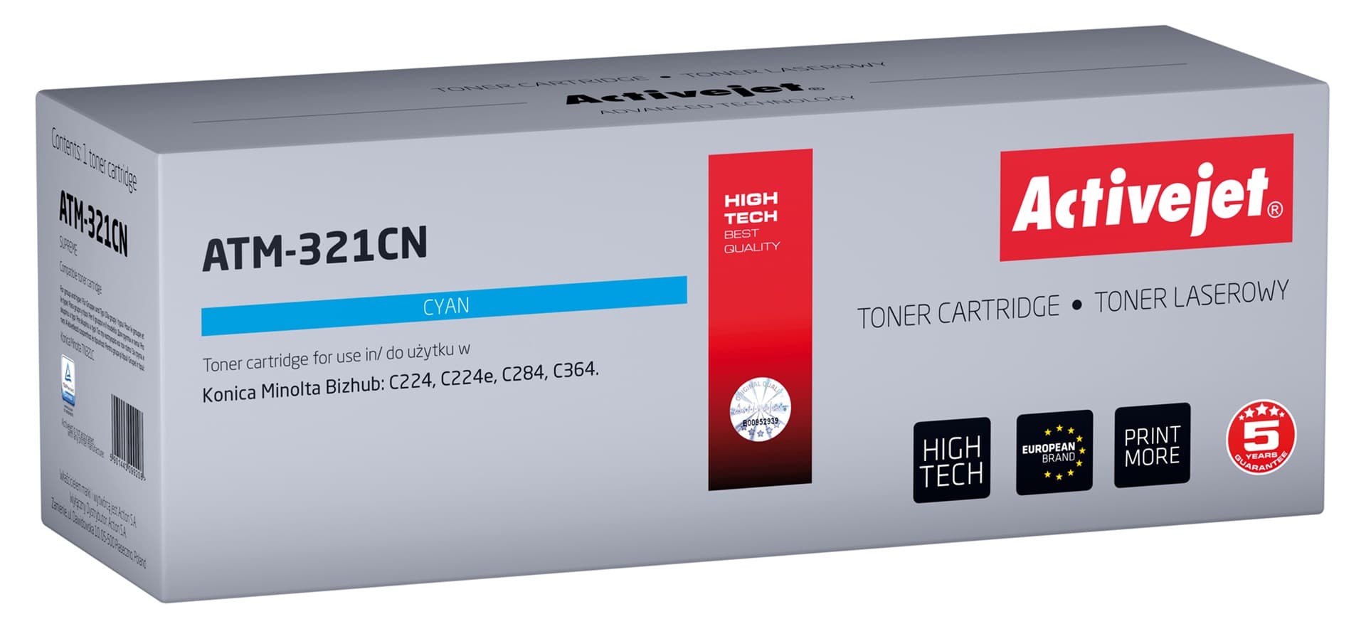 

Toner Activejet ATM-321CN (zamiennik Konica Minolta TN321C; Supreme; 25000 stron; niebieski)