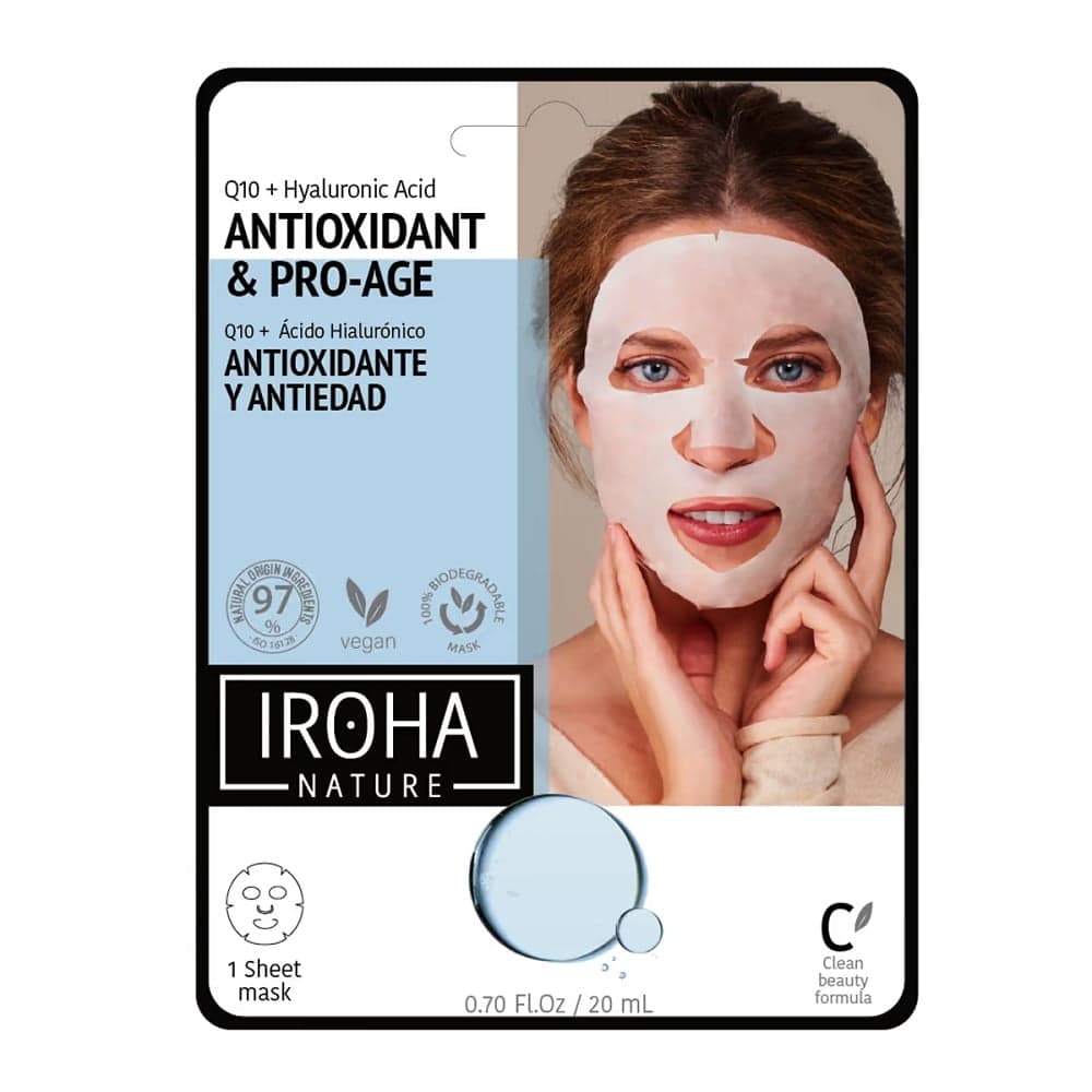 

Iroha nature Antioxidant Pro-Age Tissue Face Mask przeciwstarzeniowa maska w płachcie z koenzymem Q10 i kwasem hialuronowym 20ml