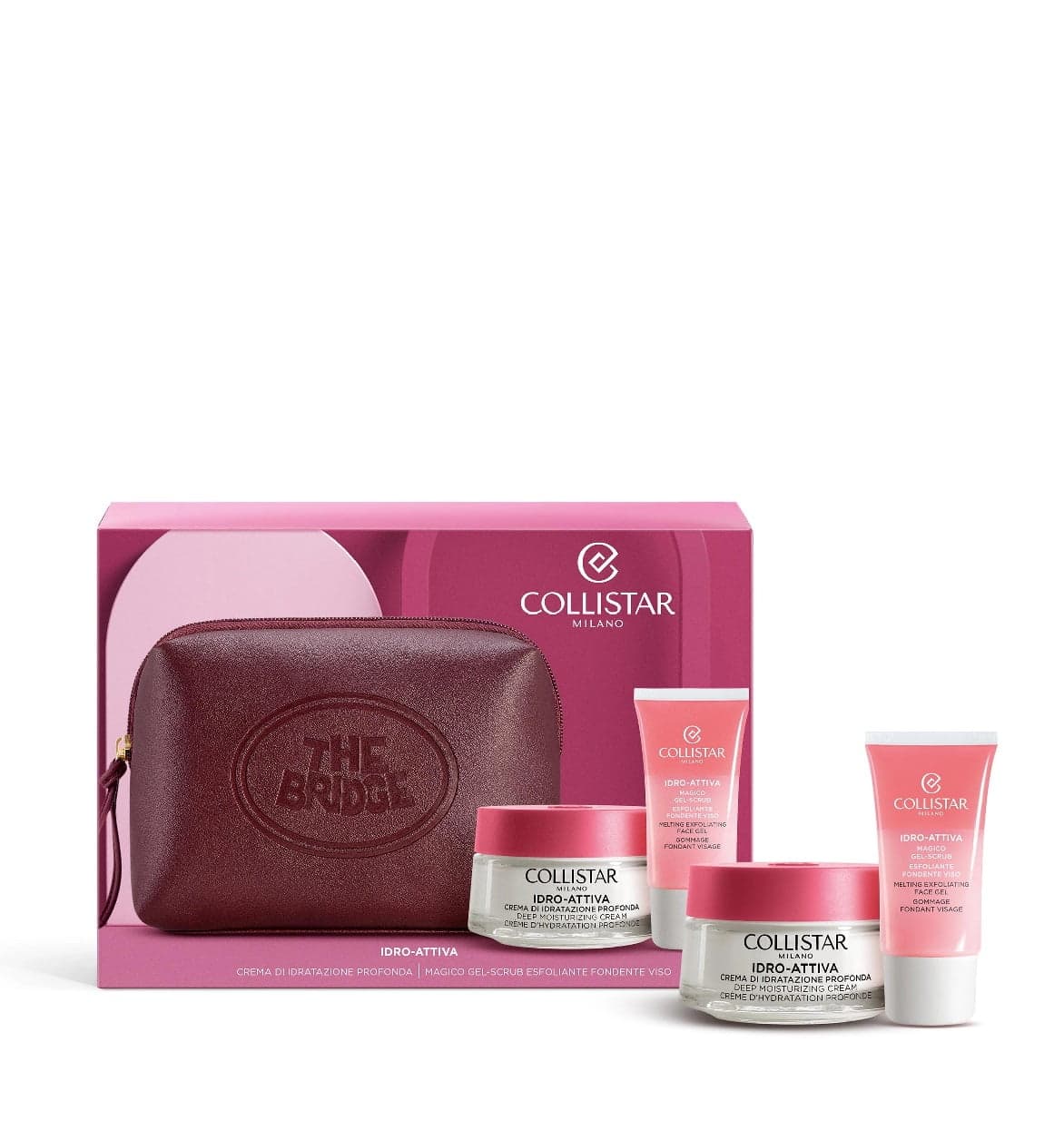 

Collistar Idro-Attiva zestaw krem głęboko nawilżający 50ml + żel złuszczający do twarzy 30ml + próbka kropli samoopalających + burgundowa kosmetyczka