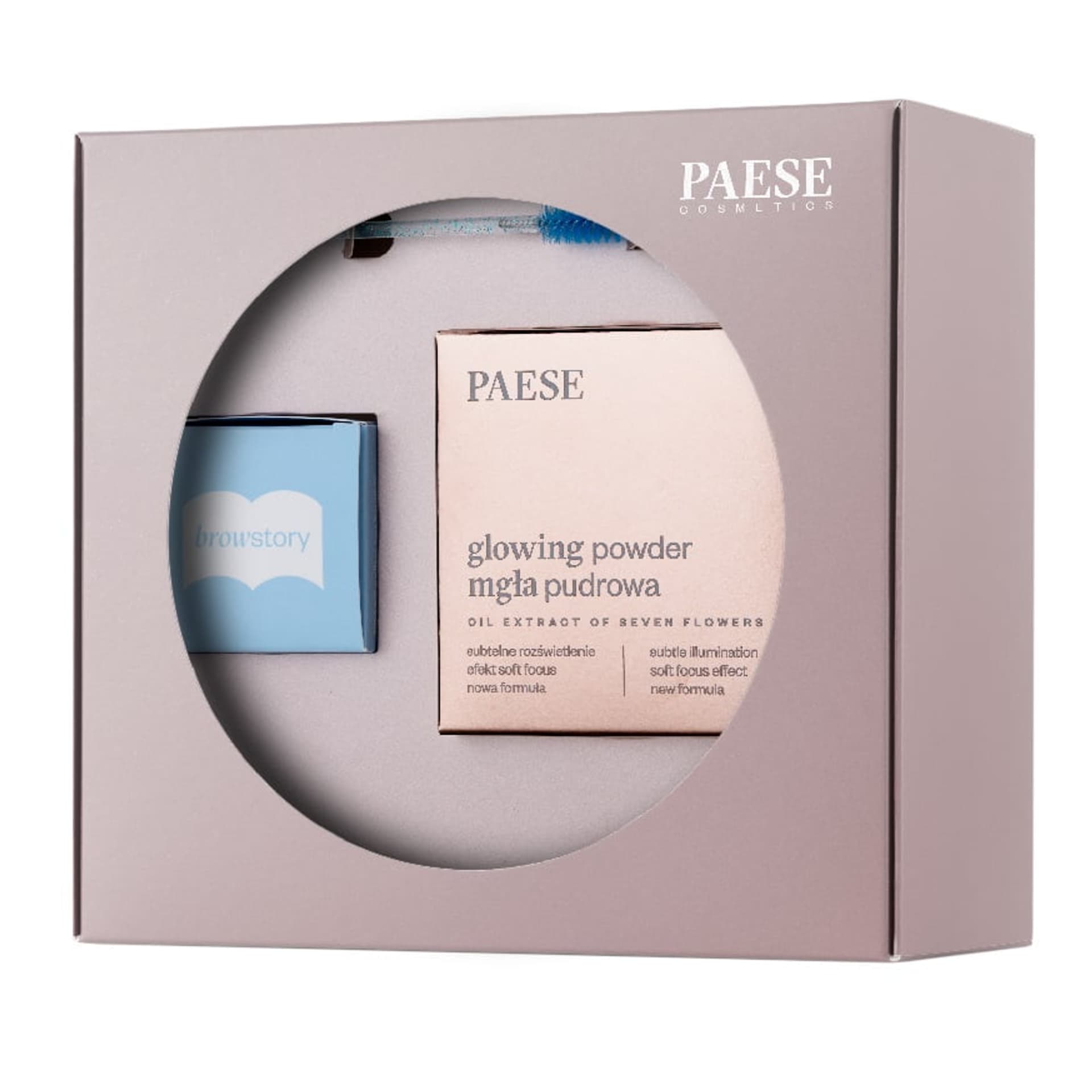 

Paese Glitter Glee zestaw Browstory mydło do stylizacji brwi 8g + Glowing Powder prasowany puder rozświetlający nr 11 10g