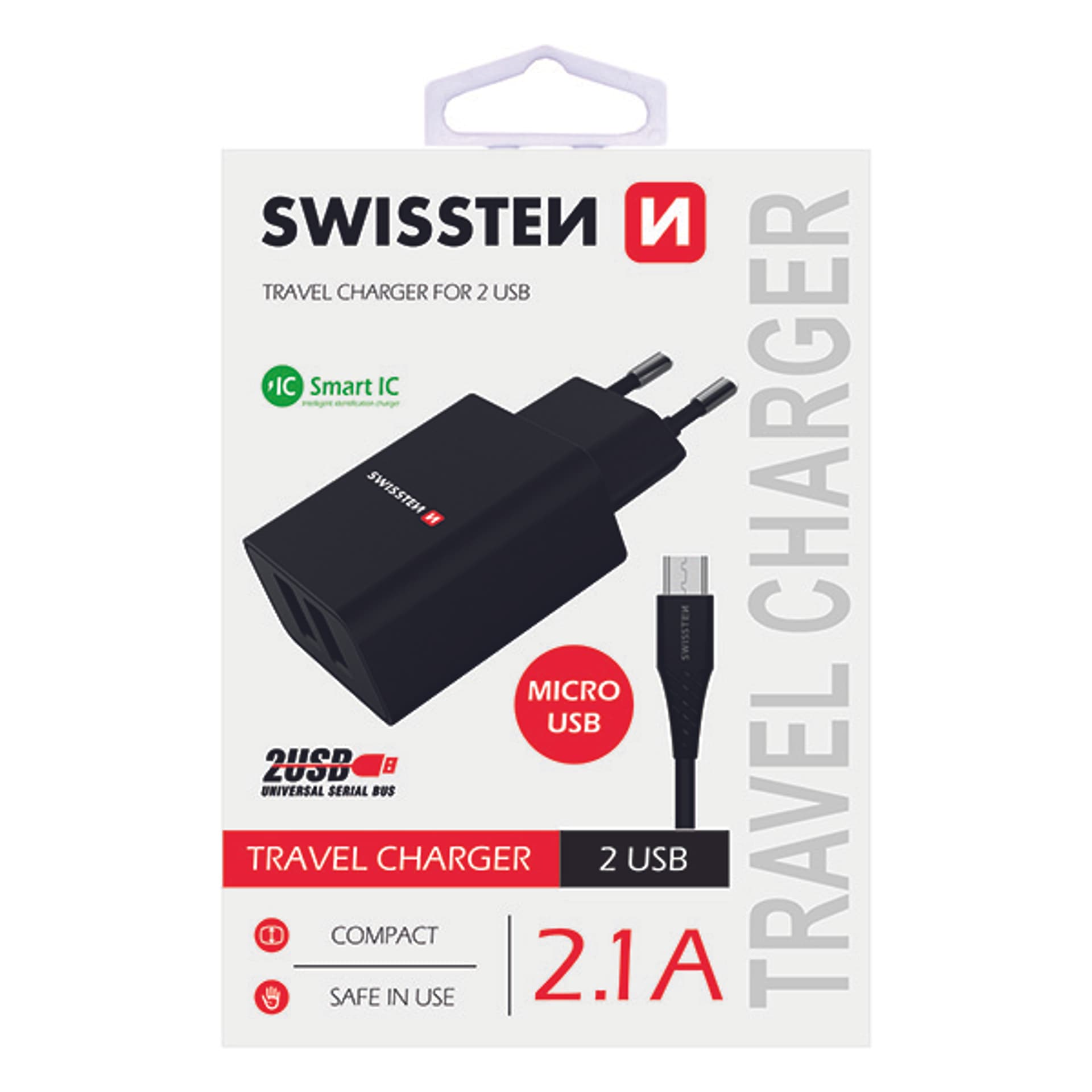 

SWISSTEN Zasilacz / sieciowy adapter 10W, 2-portowy, USB-A, kabel microUSB, Smart IC