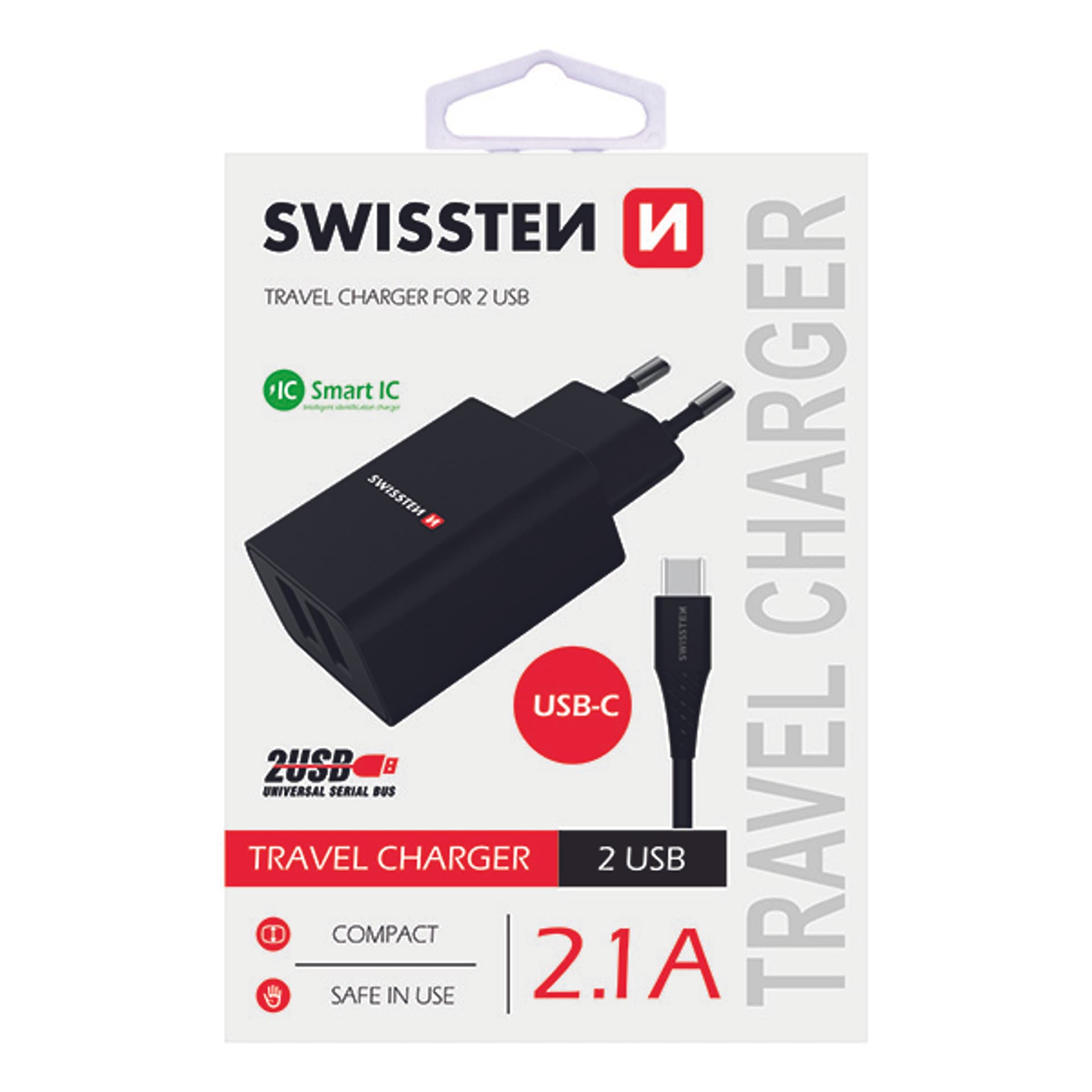 

SWISSTEN Zasilacz / sieciowy adapter 10W, 2-portowy, USB-A, kabel USB-C, Smart IC