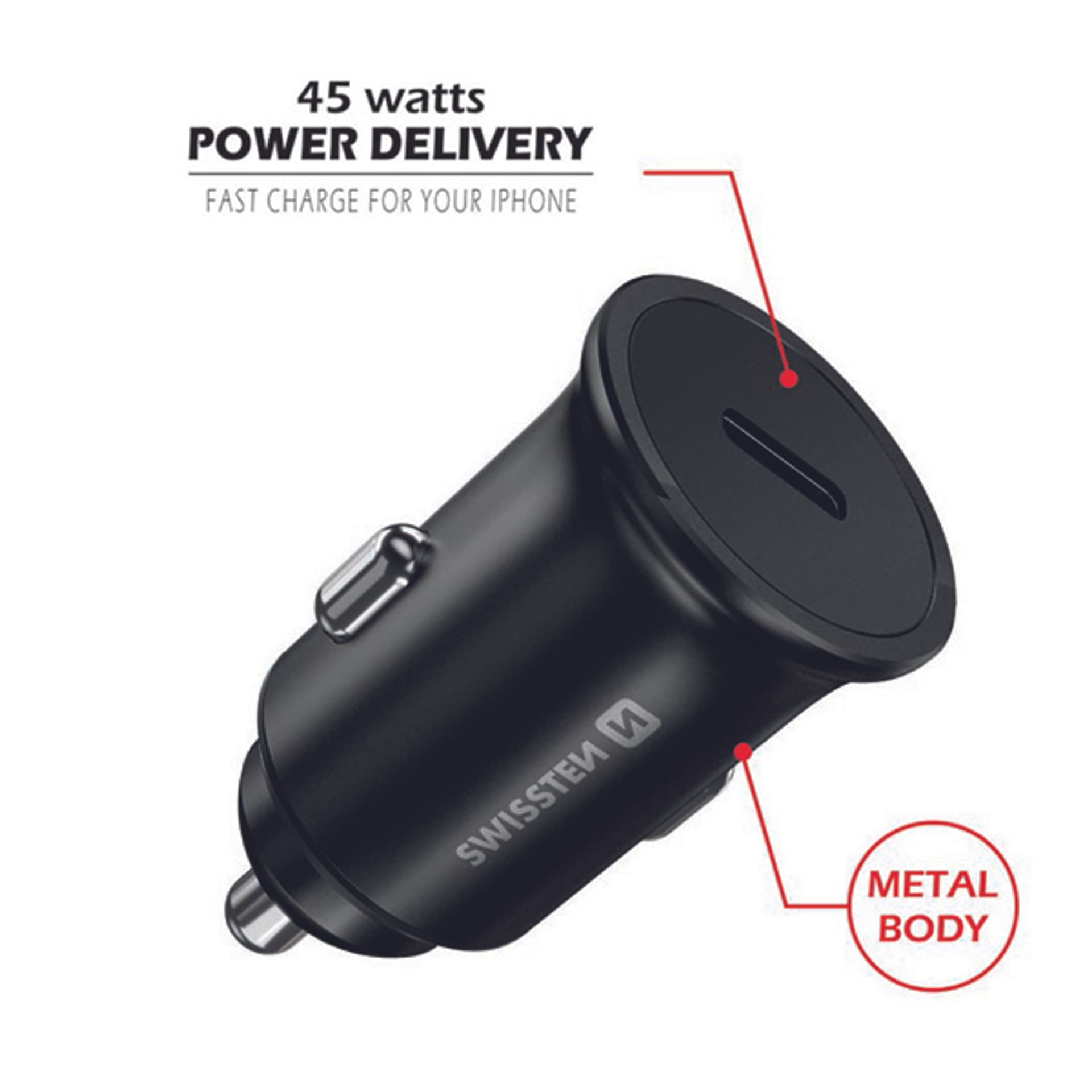

Ładowarka samochodowa SWISSTEN 45W, 1 port, USB-C