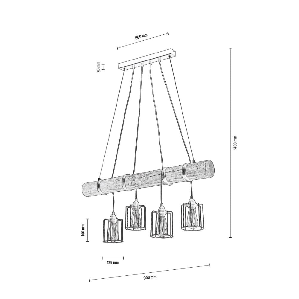 

Keyla Lampa Wisząca 4xE27 Max.60W Czarny/Sosna Szara