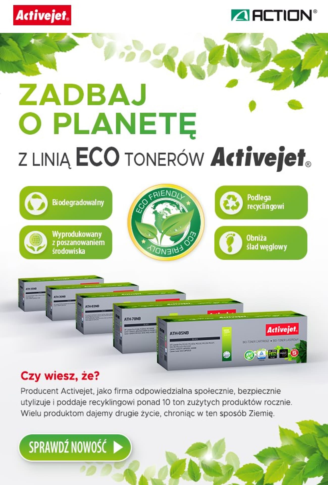 

BIO Toner Activejet ATH-36NB (zamiennik HP 36A CB436A, Canon CRG-713; Supreme; 2000 stron; czarny). ECO Toner. Proszek w tonerze jest biodegradowalny. 57% Tonera jest pochodzenia biologicznego.