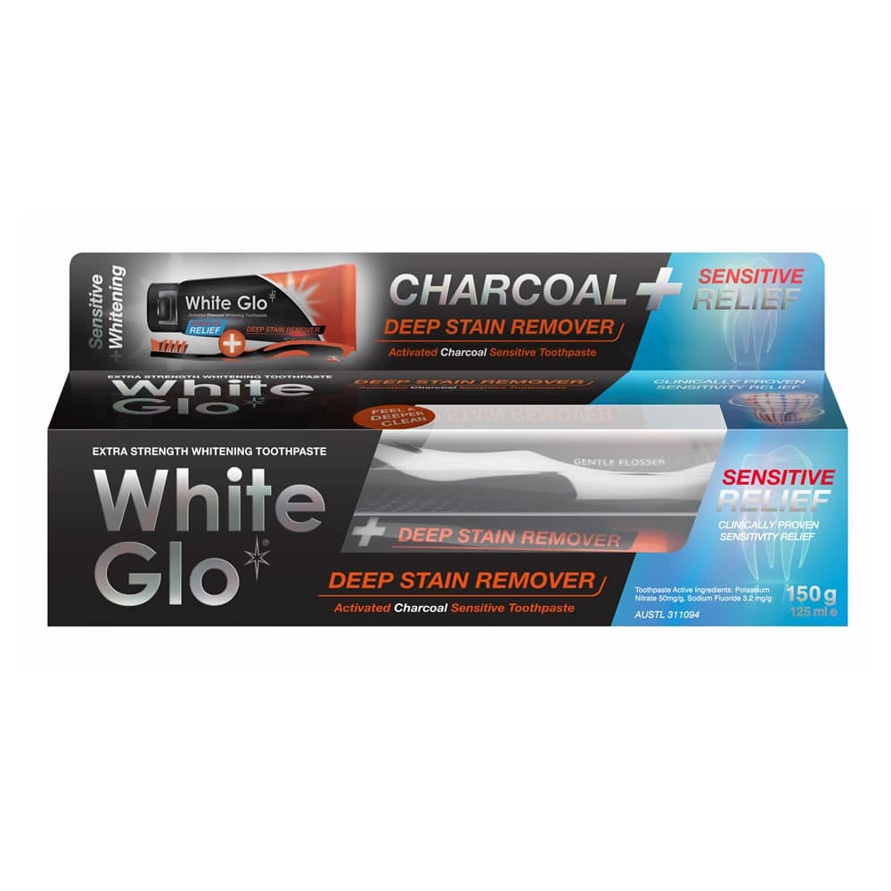 

White Glo Charcoal Deep Stain Remover Sensitive Relief wybielająca pasta do zębów z aktywnym węglem 125ml + szczoteczka