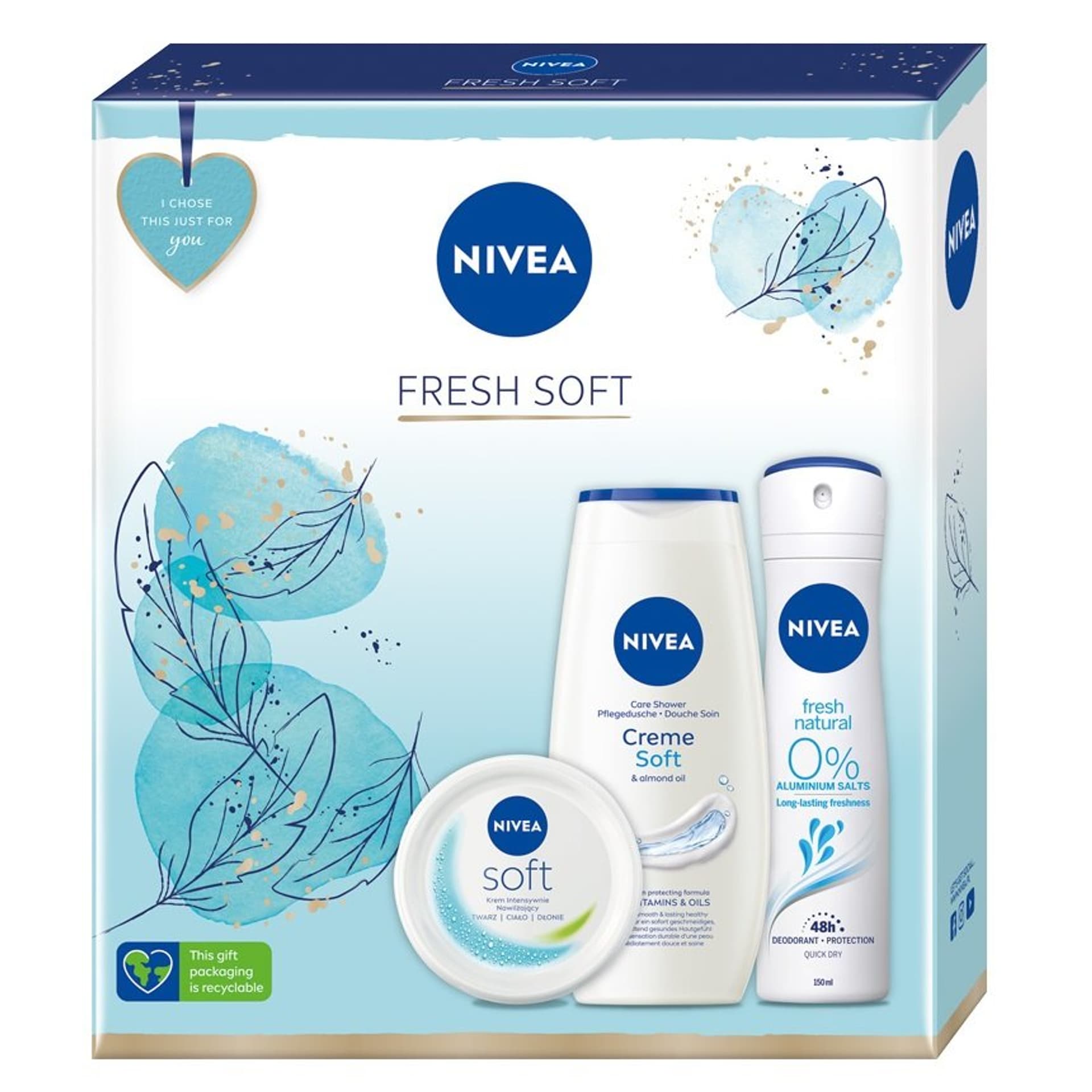 

Nivea Fresh Soft zestaw Soft krem intensywnie nawilżający 100ml + Creme Soft żel pod prysznic 250ml + Fresh Natural dezodorant spray 150ml
