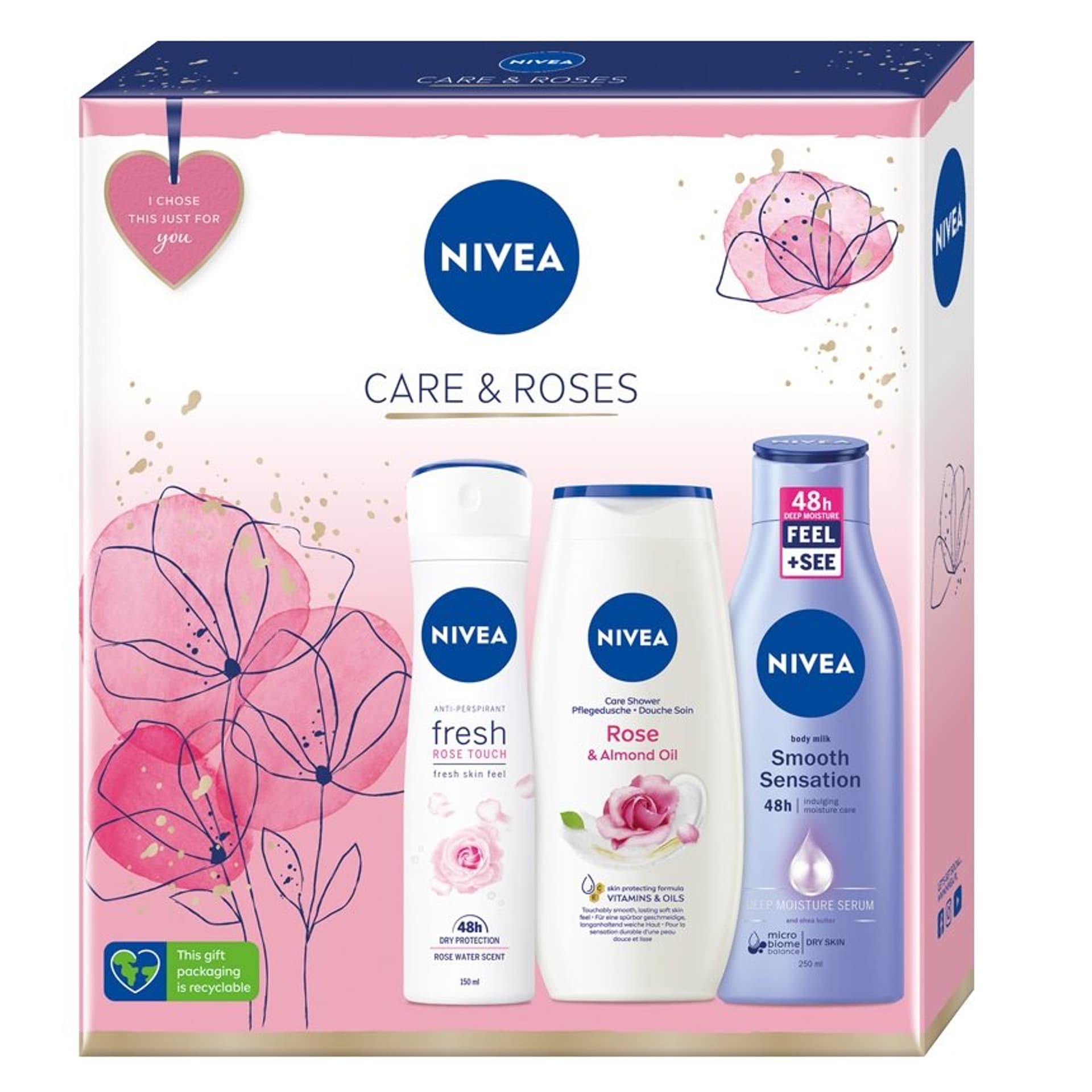 

Nivea Care Roses zestaw Fresh Rose Touch antyperspirant spray 150ml + Rose Almond Oil żel pod prysznic 250ml + wygładzające mleczko do ciała 250ml