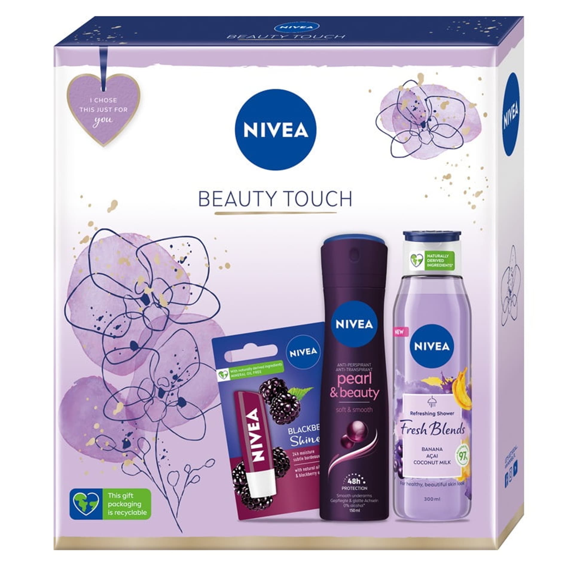 

Nivea Beauty Touch zestaw Fresh Blends Banan i Acai żel pod prysznic 300ml + Pearl Beauty Black Pearl antyperspirant spray 150ml + Blackberry Shine pomadka do ust 4.8g