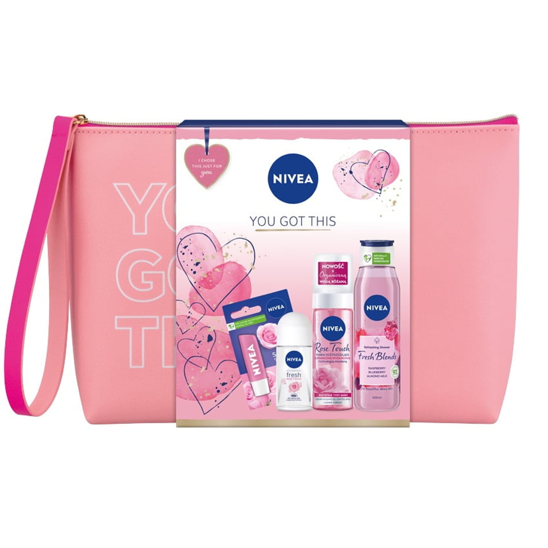 

Nivea You Got This zestaw Fresh Rose Touch antyperspirant w kulce 50ml + Fresh Blends Malina i Borówka żel pod prysznic 300ml + Soft Rose pomadka do ust 4.8g + Rose Touch pianka oczyszczająca do twarzy 150ml + kosmetyczka