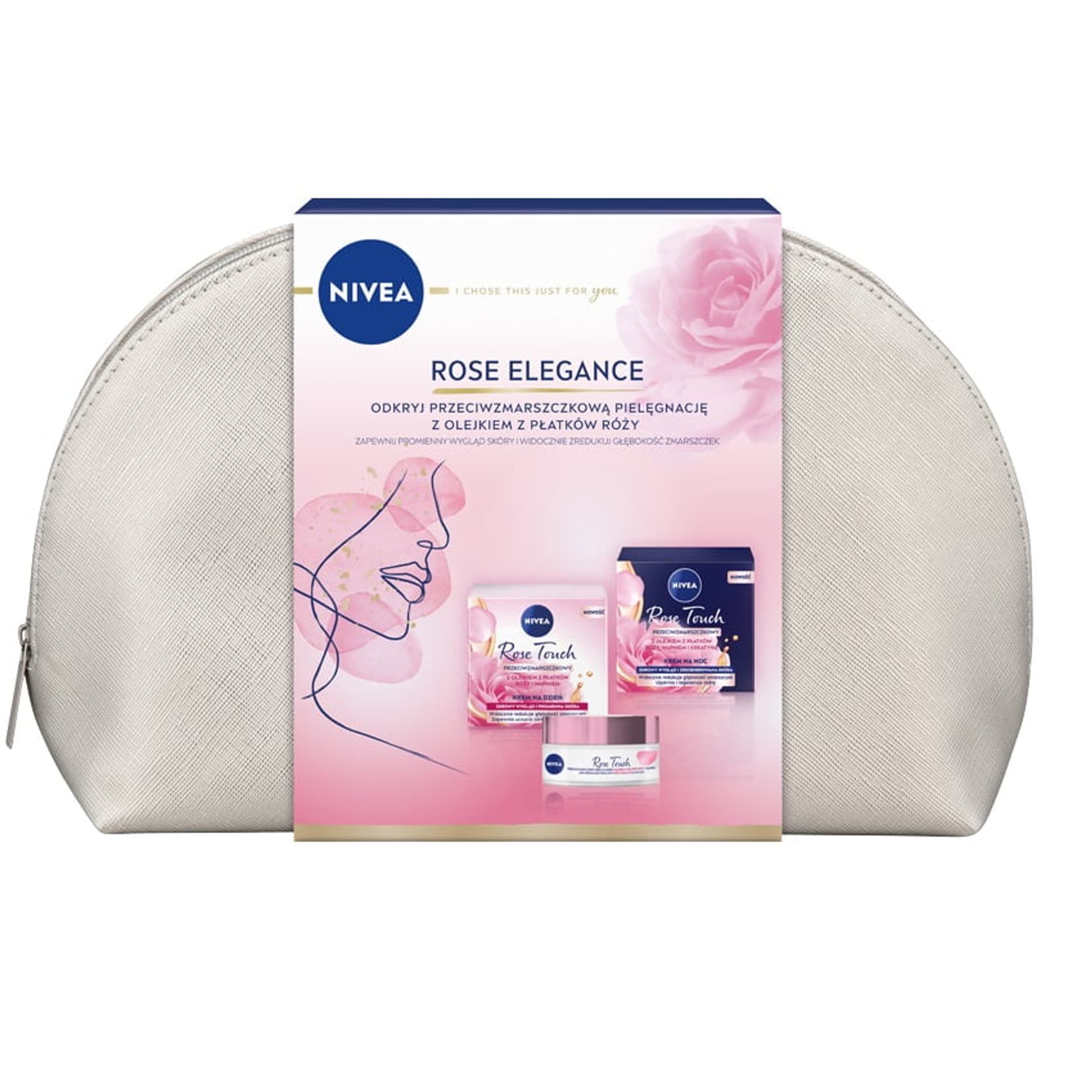 

Nivea Rose Elegance zestaw przeciwzmarszkowy krem na dzień 50ml + przeciwzmarszczkowy krem na noc 50ml + kosmetyczka