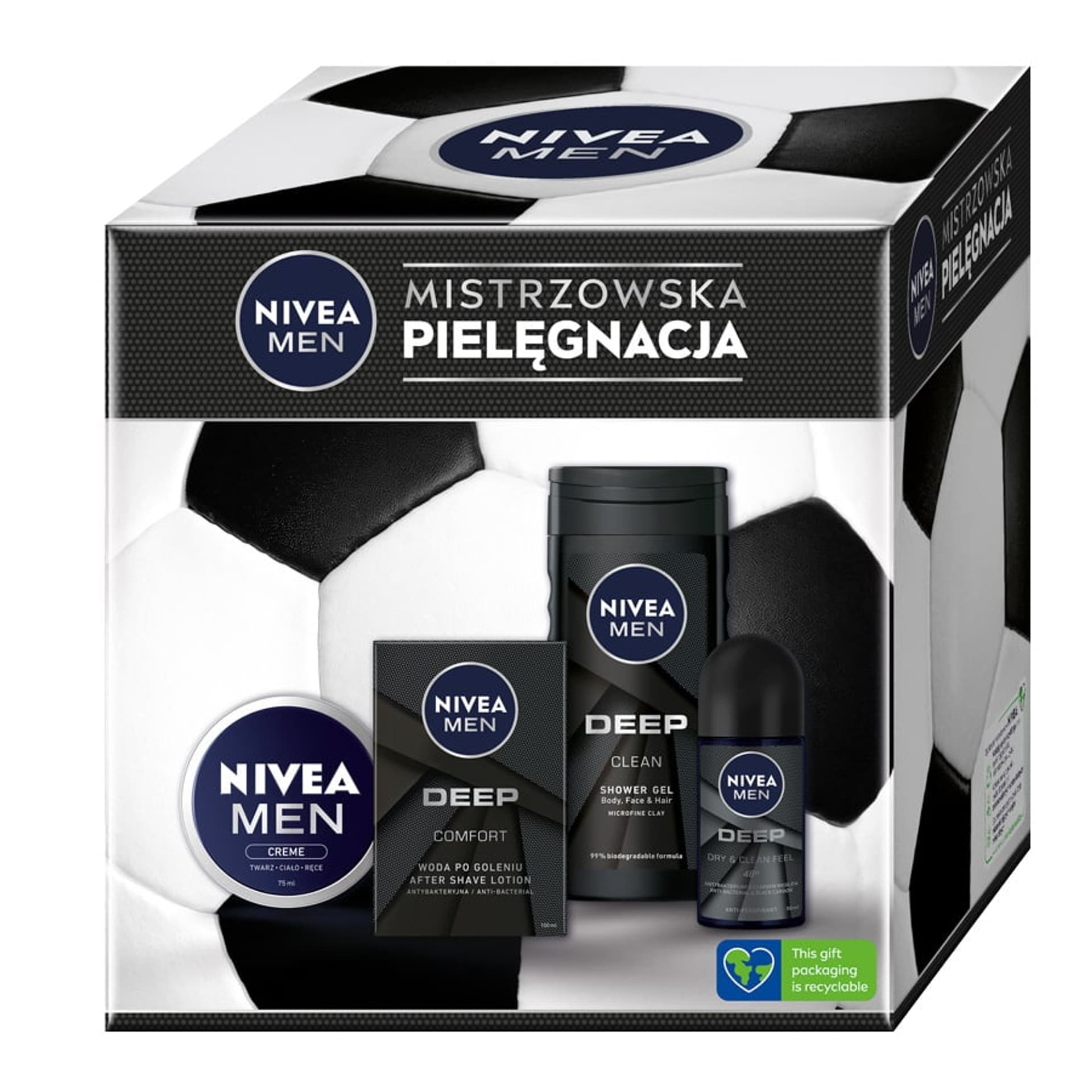 

Nivea Football Box zestaw Deep żel pod prysznic 3w1 250ml + Deep antybakteryjna woda po goleniu 100ml + Men Creme krem do ciała i twarzy 75ml + Deep antyperspirant w kulce 50ml