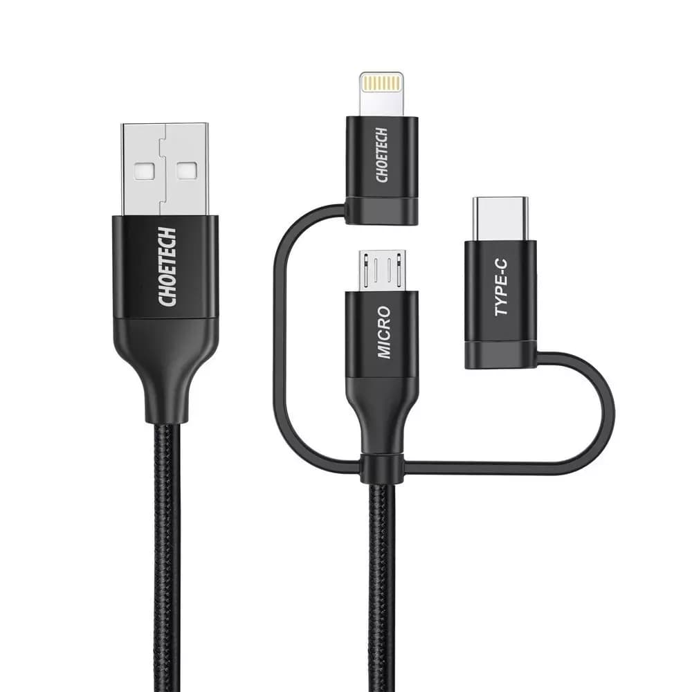 

Choetech 3w1 kabel USB MFI Lightning / USB Typ C / micro USB (ładowanie 3A / przesyłanie danych 480 Mbps) 1,2 m czarny (IP0030-BK)
