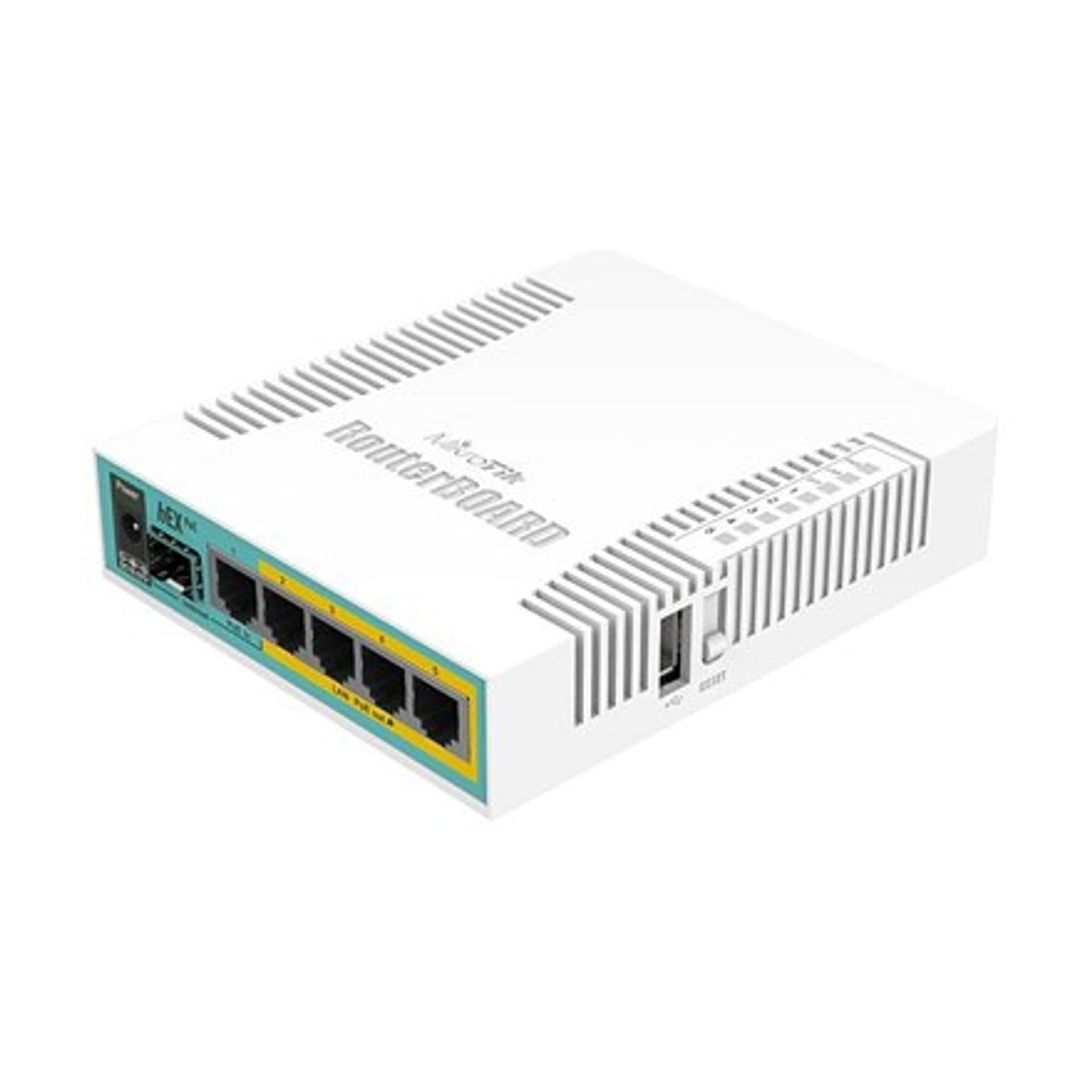 

Mikrotik Wired Ethernet Router RB960PGS, hEX PoE, CPU 800MHz, 128MB RAM, 16MB, 1xSFP, 5xGigabit LAN, 1xUSB, Power Output On port