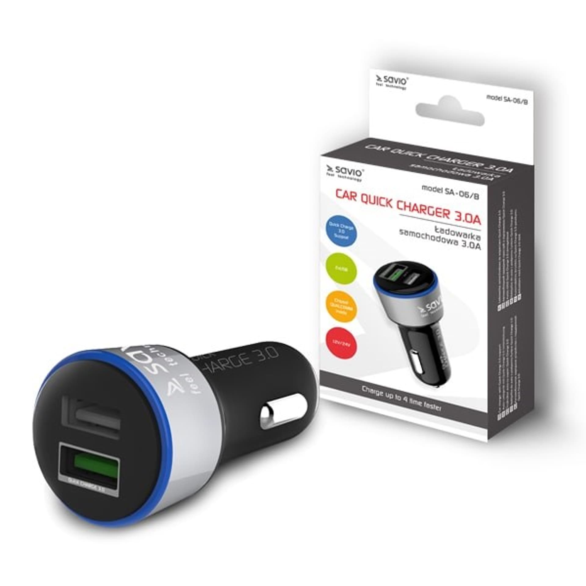 

Ładowarka samochodowa do smartfona SAVIO Quick Charge 3.0 SA-06/B (2400 mA, 3000 mA; USB)