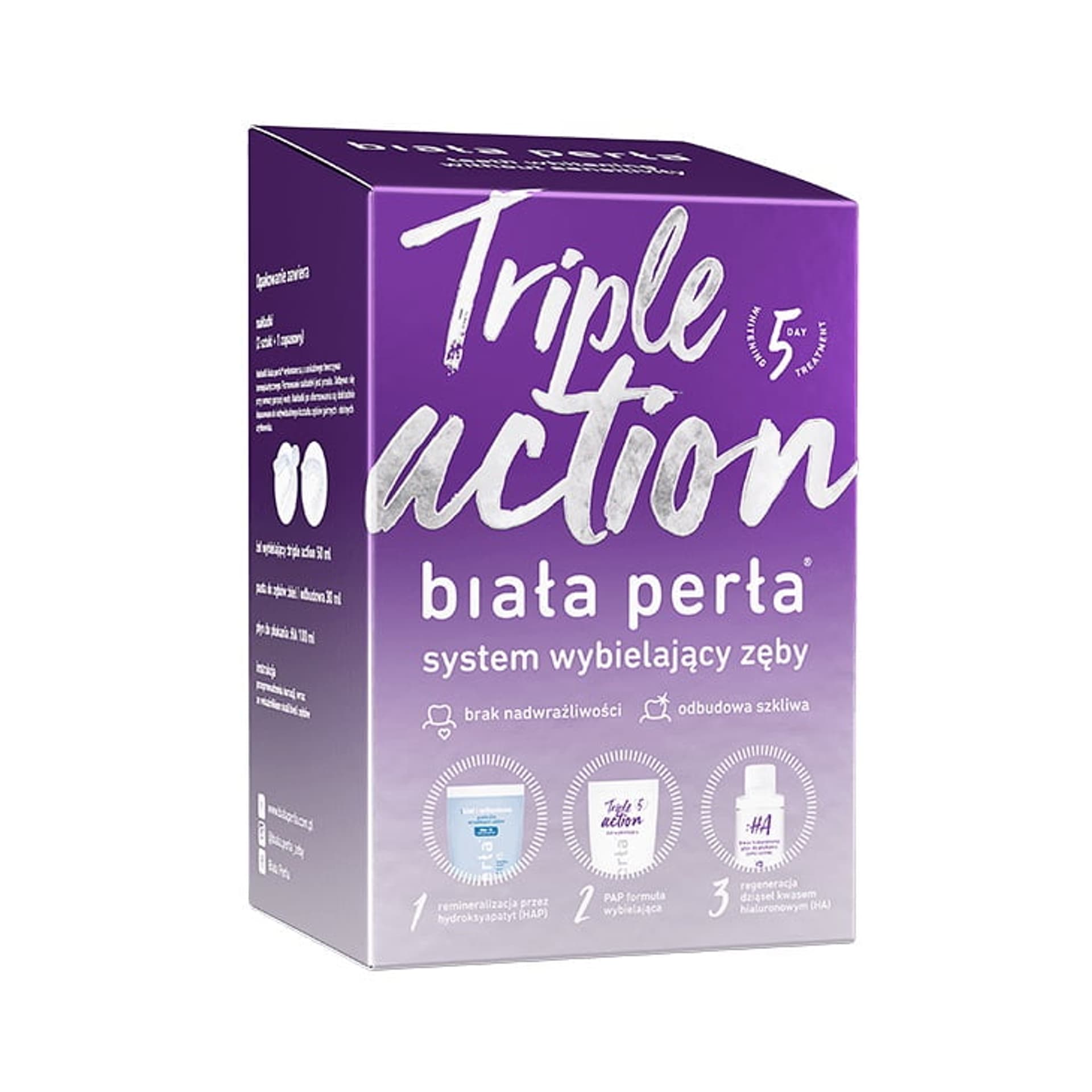 

Biała Perła Zestaw Triple Action do wybielania zębów w domu wybielająca pasta do zębów 30ml + wybielający żel 50ml + płyn do płukania 100ml + nakładki do formowania x3