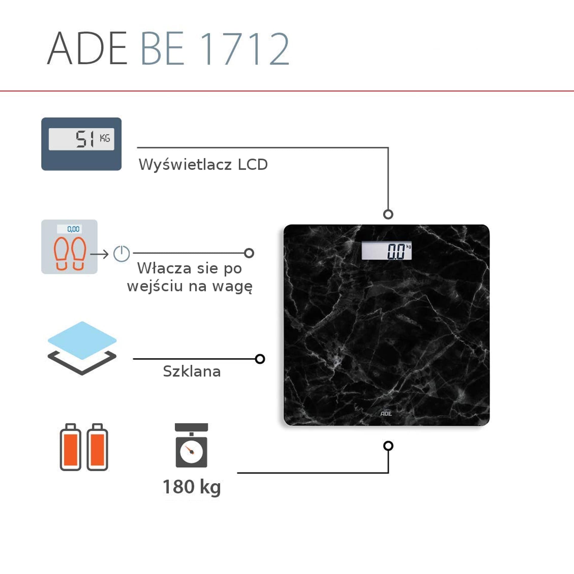 

ADE BE1712 BE1711 Aurora-czarny Czarna, marmurowa, cyfrowa waga łazienkowa