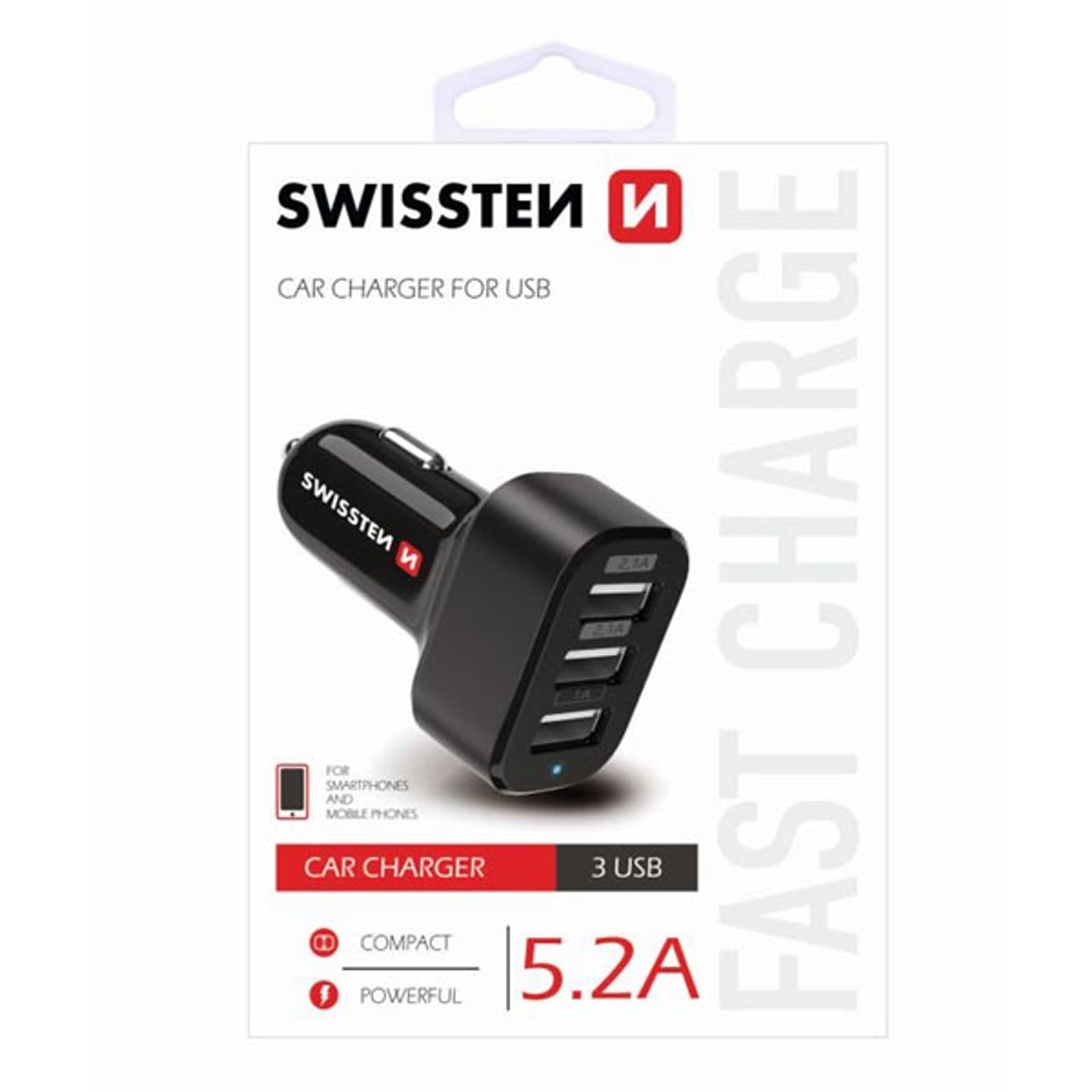 

Ładowarka samochodowa SWISSTEN 26W, 3 porty, USB-A