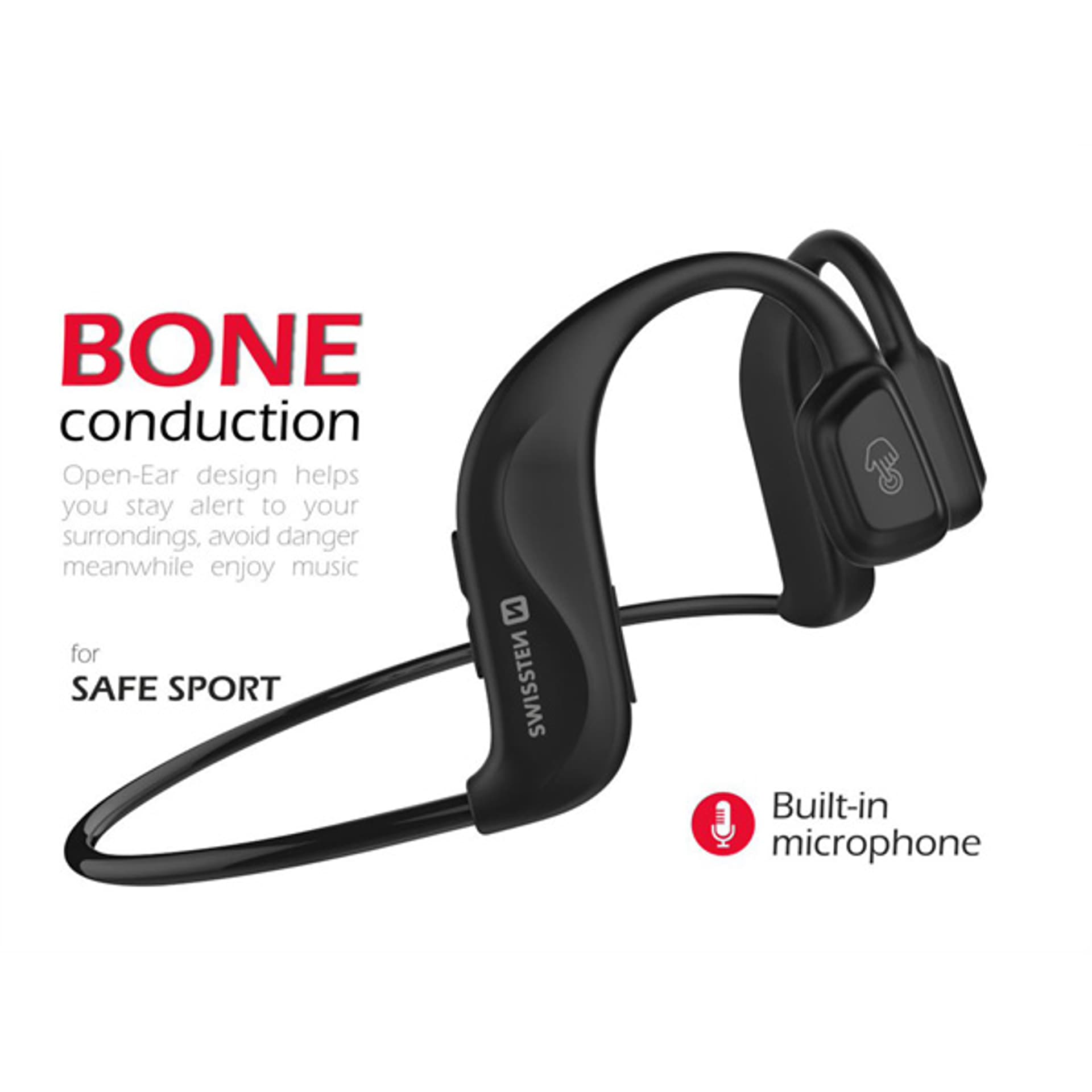

SWISSTEN Bezprzewodowe słuchawki bluetooth Bone conduction, mikrofon, regulacja głośności, czarna, sport typ bluetooth