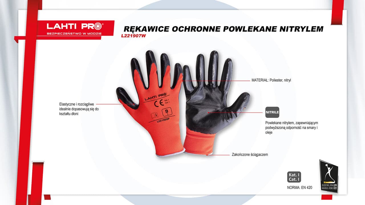 

RĘKAWICE NITR. CZERW.-CZARNE L221910P, 12PAR, "10", CE,LAHTI