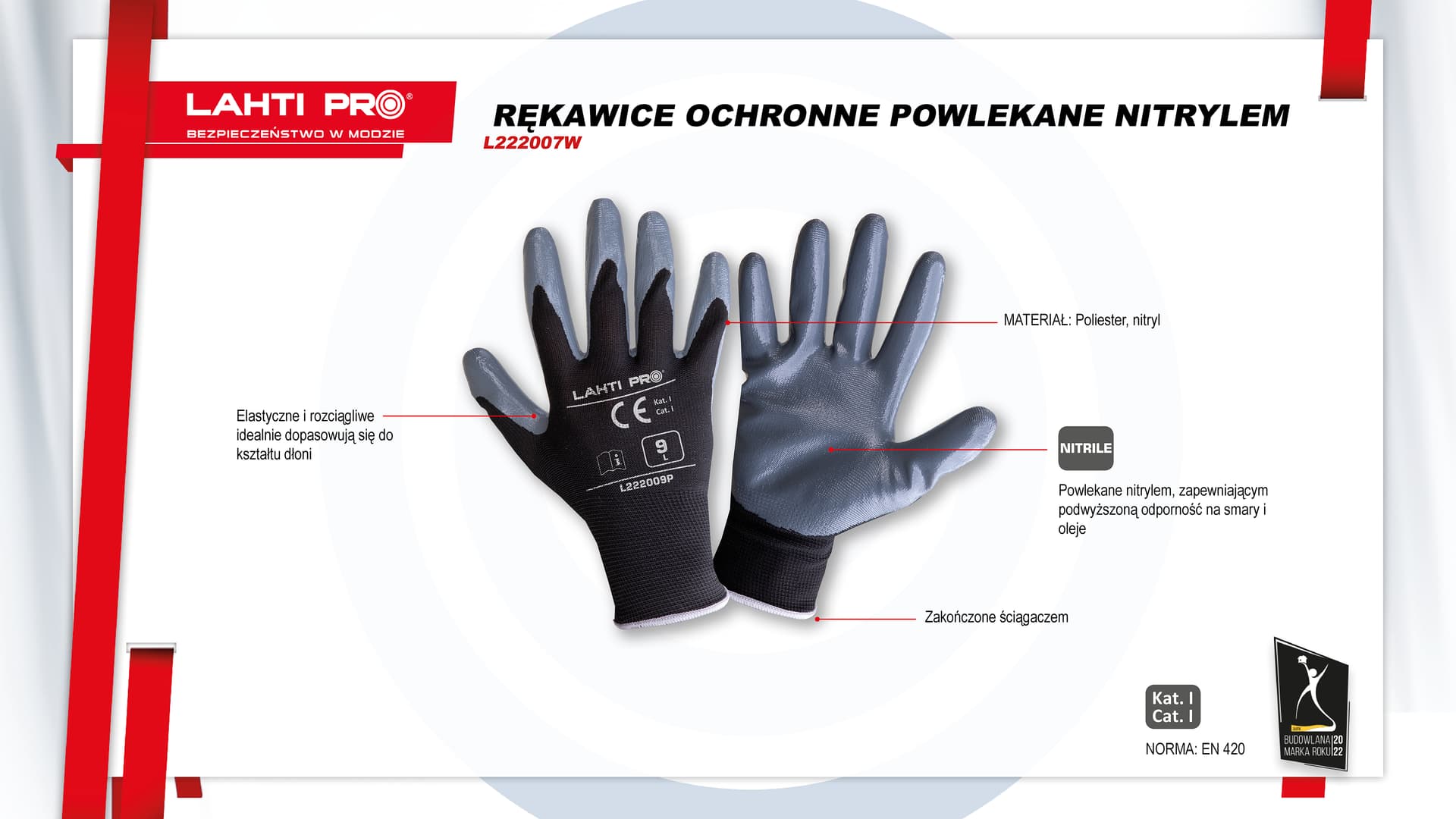 

RĘKAWICE NITR. CZARNO-SZARE L222009P, 12PAR, "9", CE, LAHTI