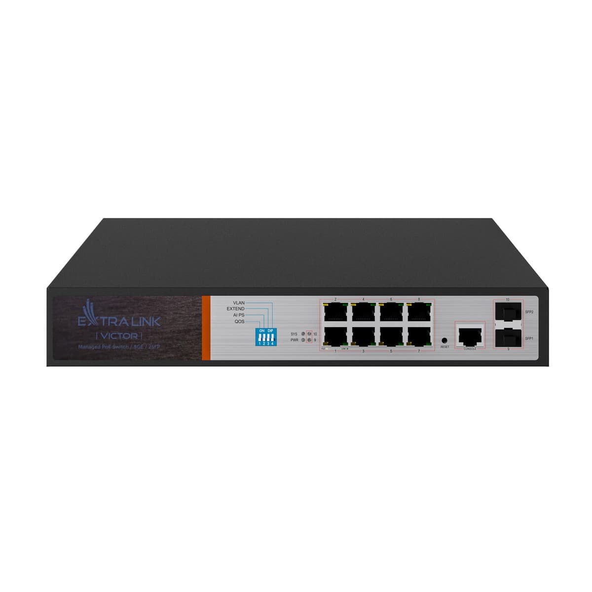 

EXTRALINK VICTOR EX-2500G-10MPS FULL GIGABIT MANAGED POE SWITCH 8X 10/100/1000M TX WITH POE AT/AF 48V, 1 CONSOLE PORT, 2X GE SFP ,150W