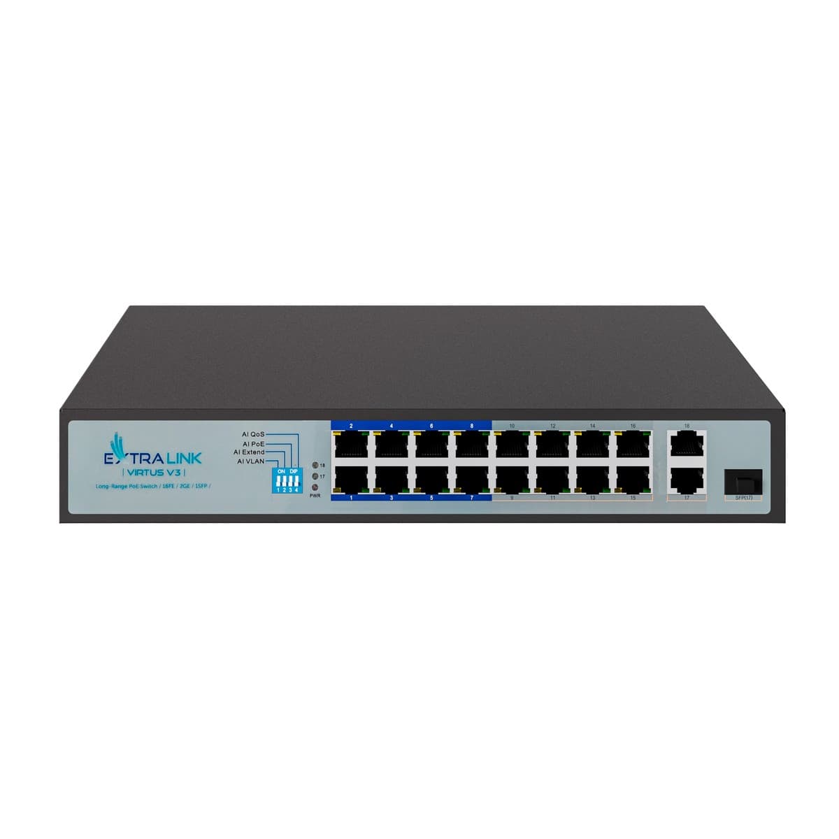 

EXTRALINK VIRTUS V3 16xFE, 2xGE, 1xSFP, 16xPoE, 250M PoE, FAST ETHERNET UNMANAGED, 802.3AF/AT PoE SWITCH, POWER SUPPLY 150W, RACK