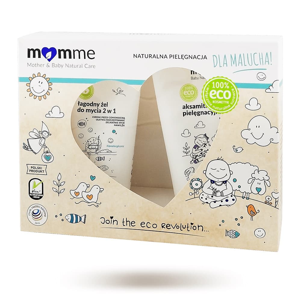 

MomMe Dla Maluszka zestaw aksamitna oliwka pielęgnacyjna 100ml + łagodny żel do mycia ciała 2w1 150ml
