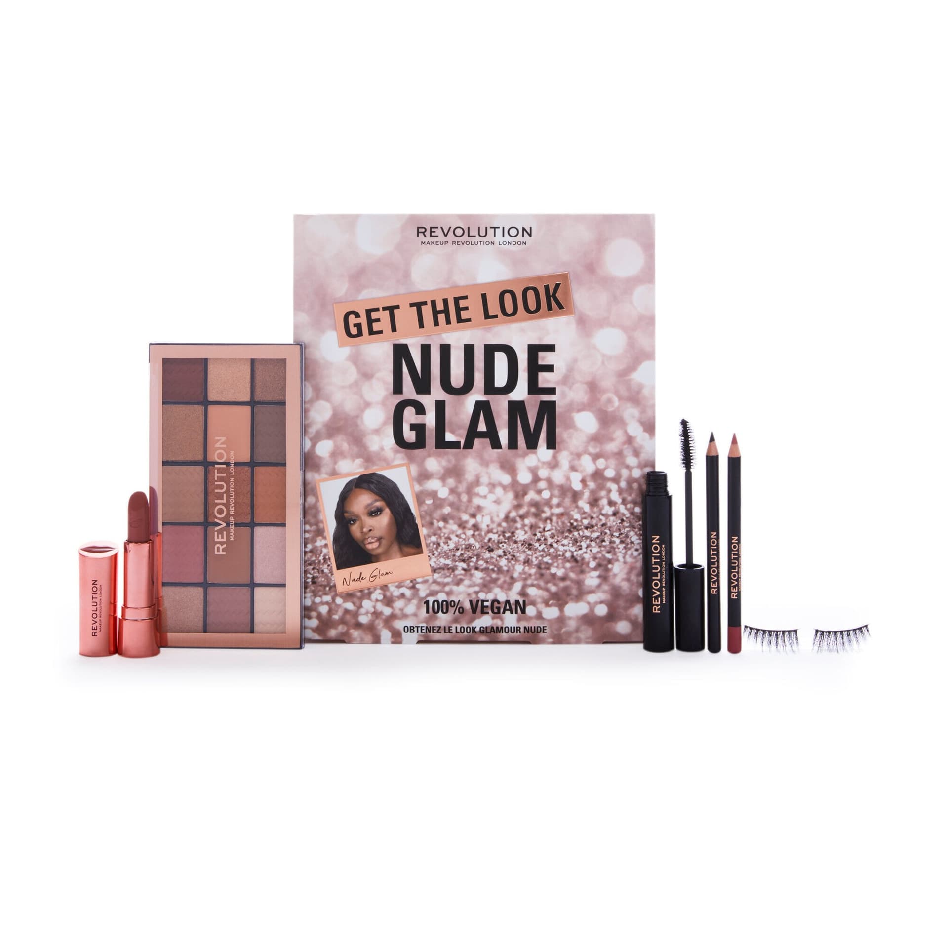 

Makeup Revolution Get The Look: Nude Glam Makeup Set zestaw Khol Eyeliner Black 1.15g + Reloaded Palette Understated 15x1.1g + Satin Kiss Lipstick Chauffeur 3.5g + Satin Kiss Lip Liner Chauffeur 1.15g + Mascara Black 8g + Flutter Lashes