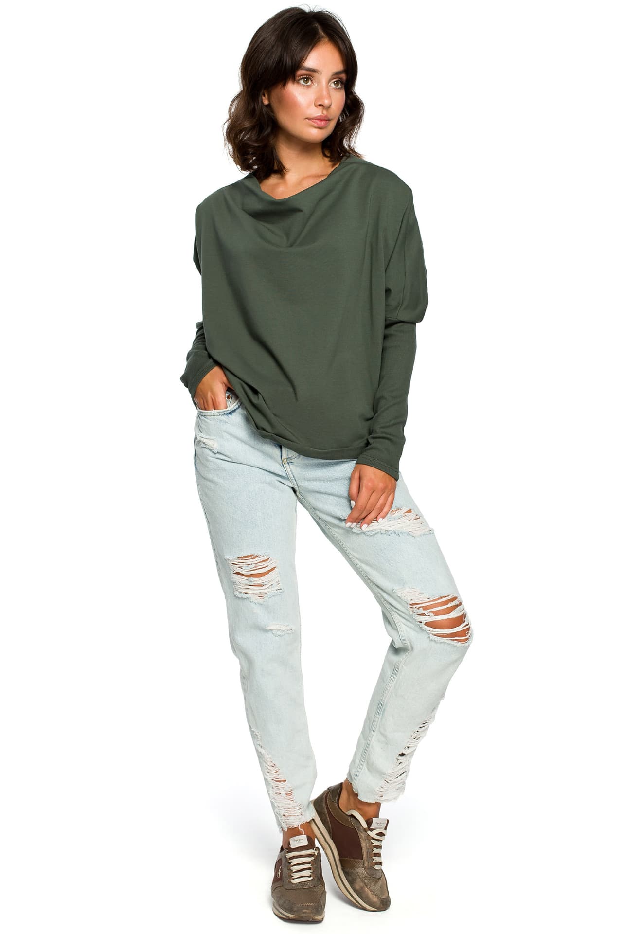 

B094 Bluza z dekoltem z tyłu - khaki (kolor khaki, rozmiar L/XL)