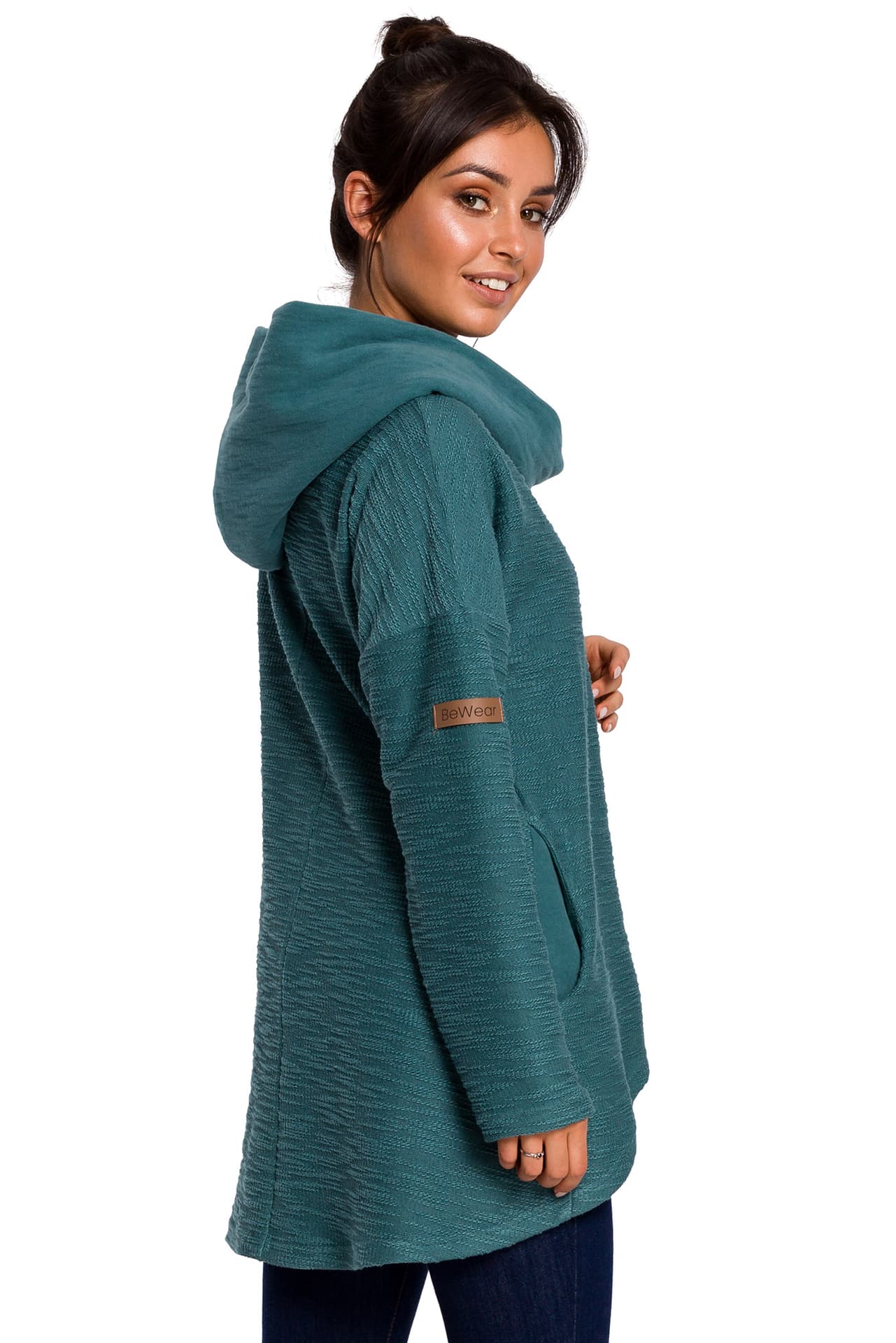 

B131 Bluza z szerokim kołnierzem i kapturem - turkus (kolor turkus, rozmiar S)