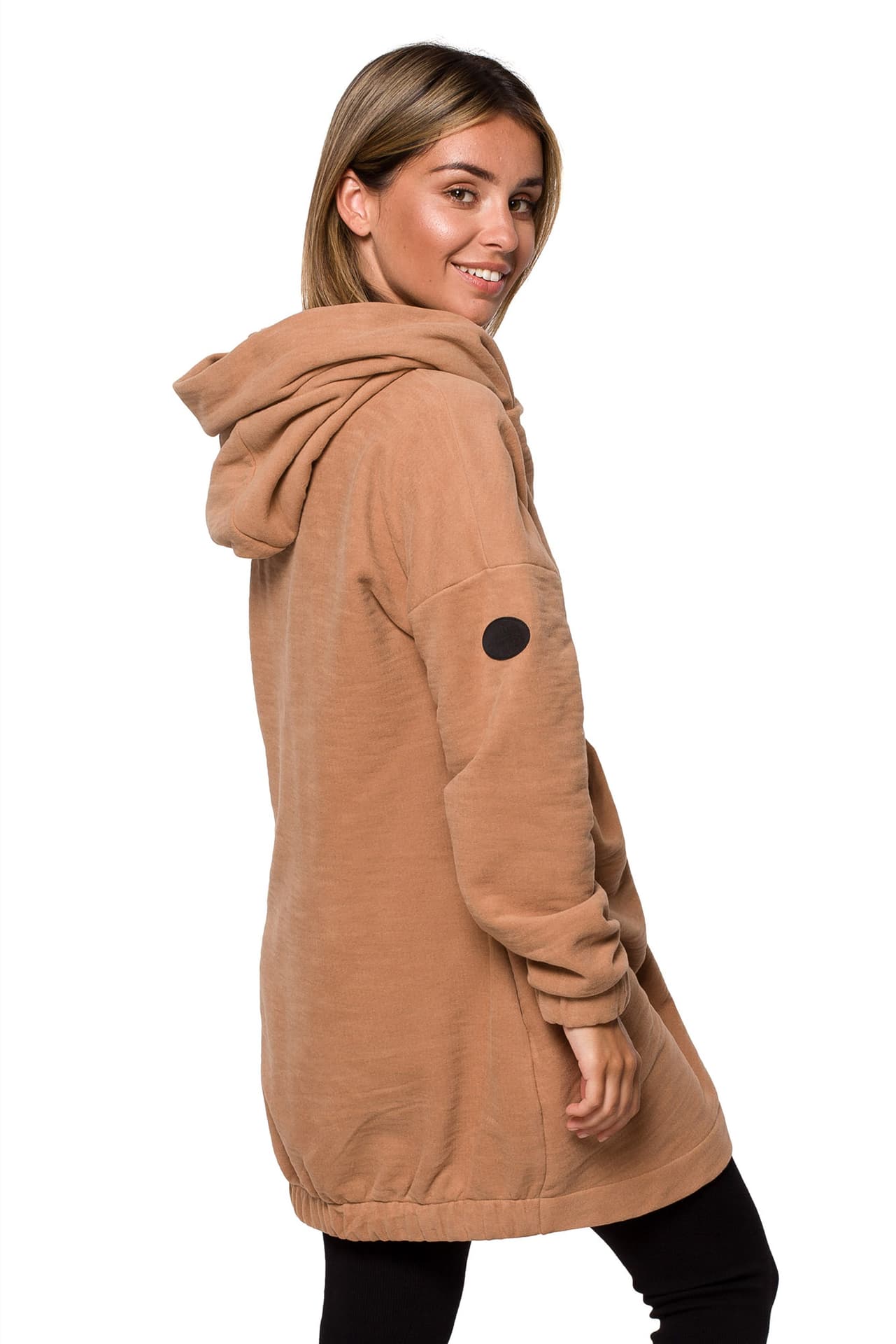 

B203 Bluza tunika z kołnierzem i kapturem - cynamonowa (kolor beżowy, rozmiar 2XL/3XL)