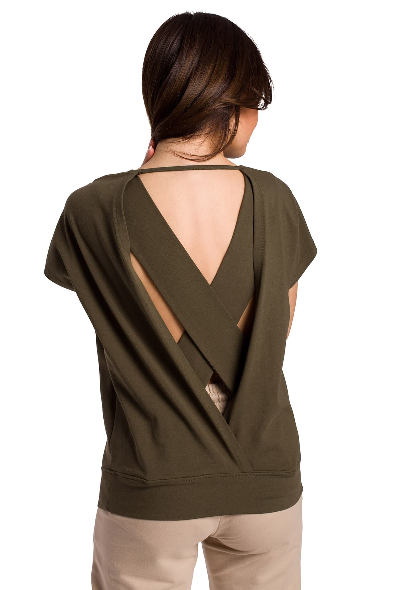 

B224 Bluzka z wycięciami na plecach - khaki (kolor khaki, rozmiar L)