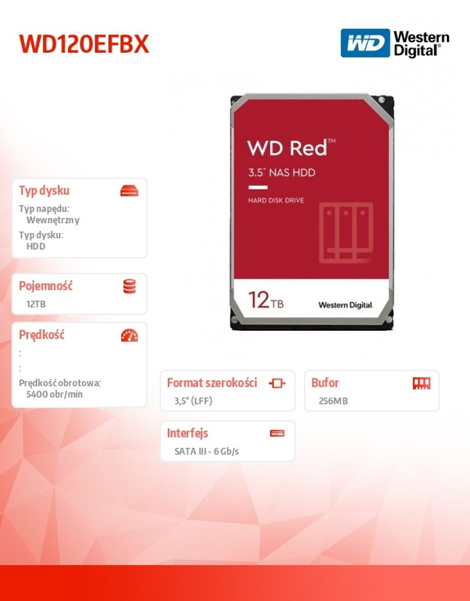 

Dysk WD Red Plus 12TB 3,5 cala CMR 256MB/5400RPM Class