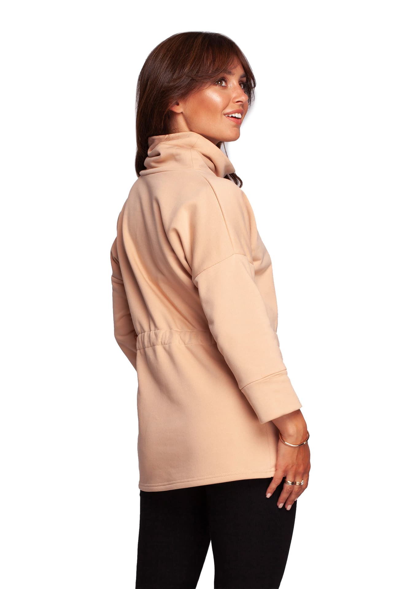 

B236 Bluza z golfem i tasiemką w centki - beżowa (kolor beżowy, rozmiar XL)