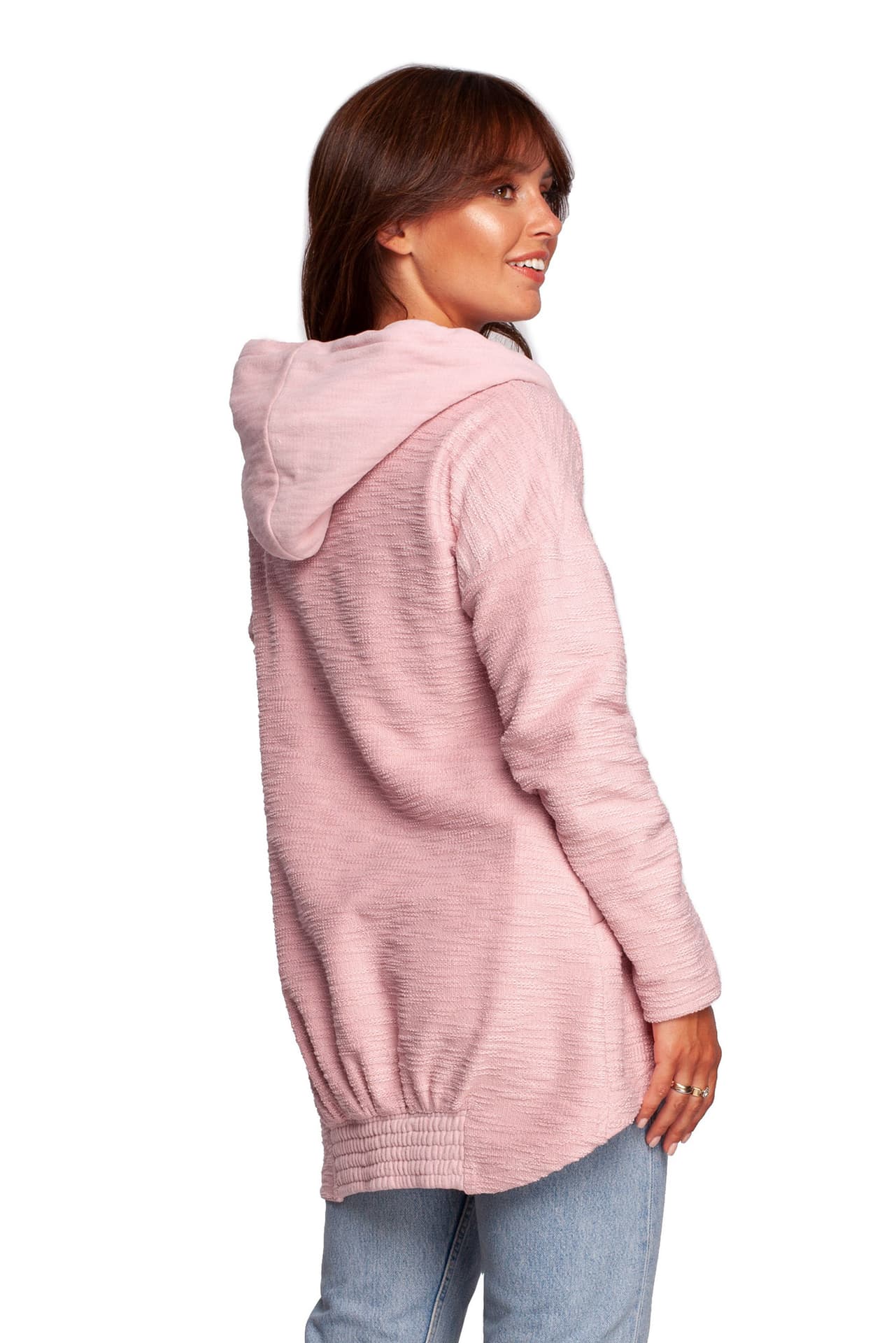 

B249 Bluza z kominem i kapturem - pudrowa (kolor pudrowy róż, rozmiar S)