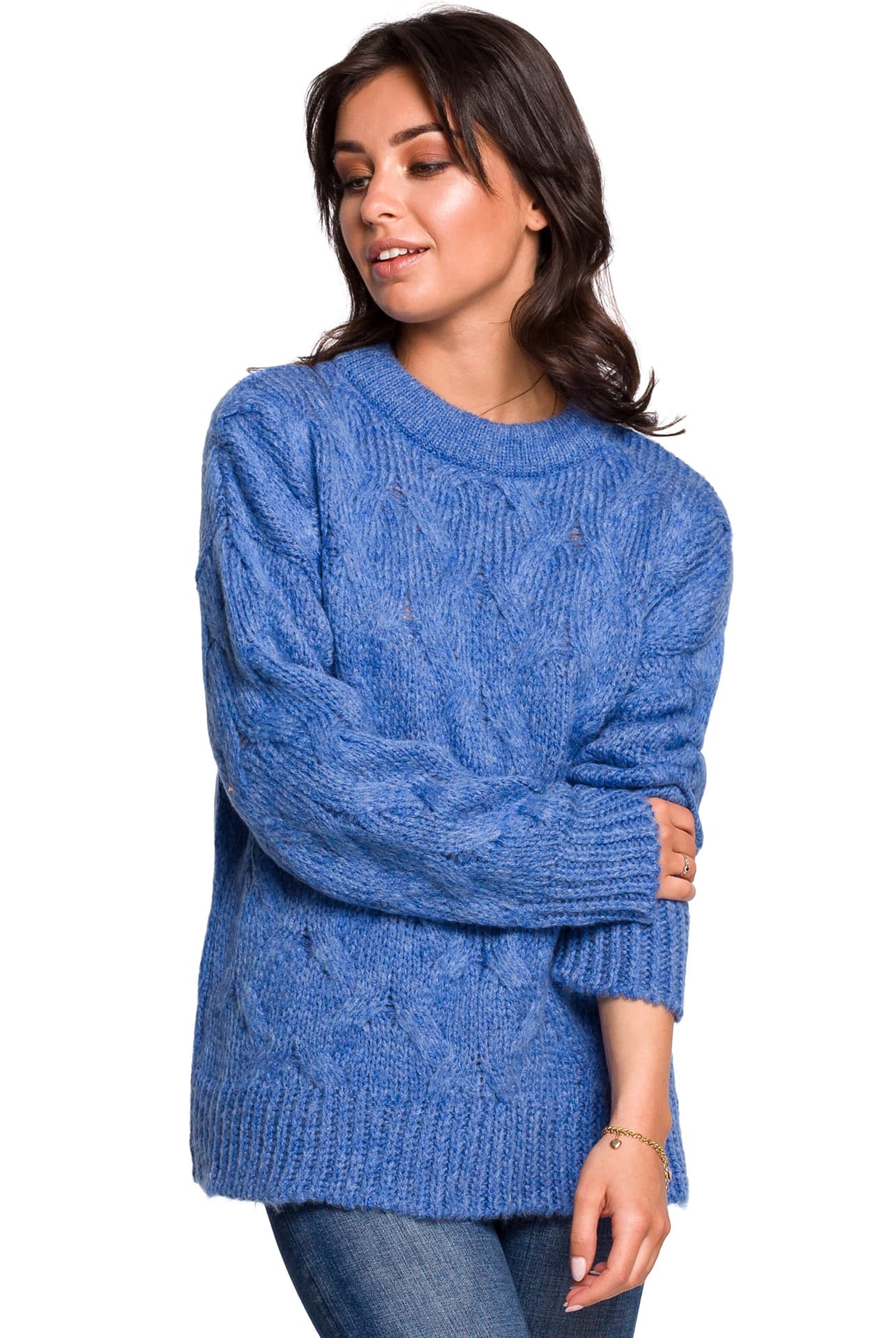 

BK038 Sweter ze splotem typu warkocz - niebieski (kolor niebieski, rozmiar L/XL)