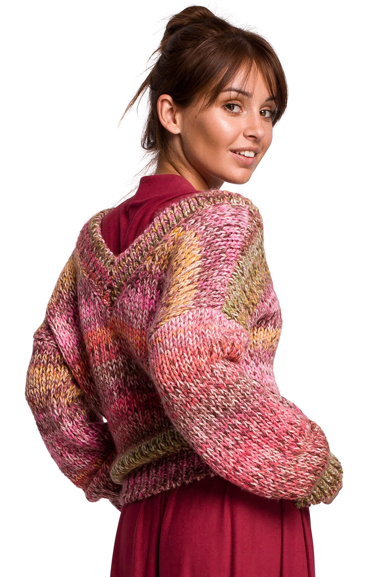 

BK048 Wielokolorowy sweter z dekoltem V - malinowy (kolor malina, rozmiar S/M)