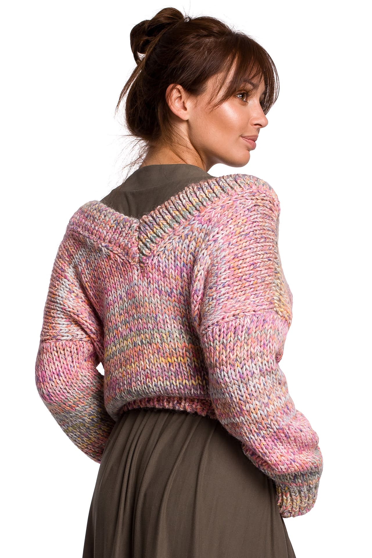 

BK048 Wielokolorowy sweter z dekoltem V - różowy (kolor róż, rozmiar S/M)