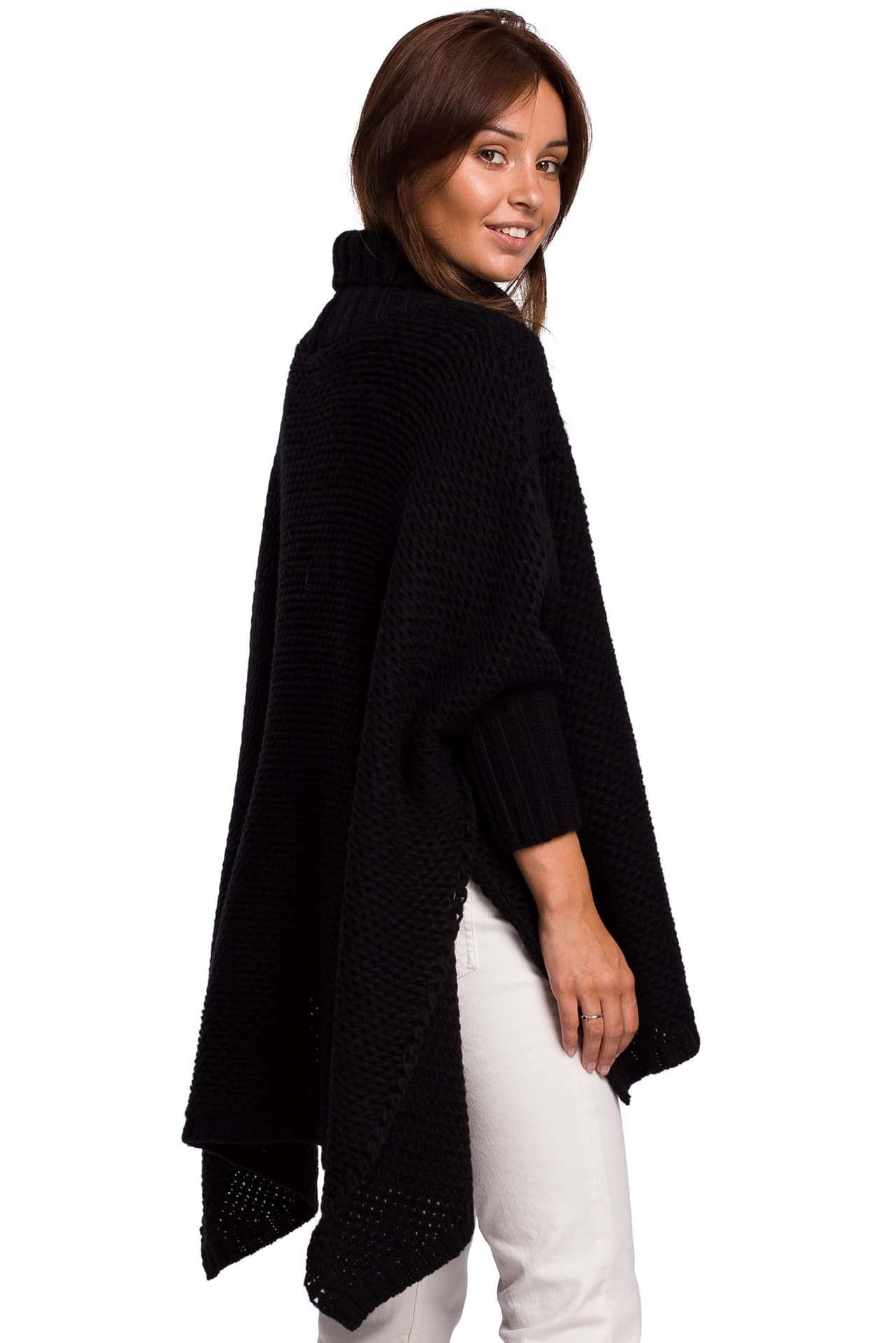 

BK049 Sweter ponczo z rękawami i golfem - czarny (kolor czarny, rozmiar uniwersalny)